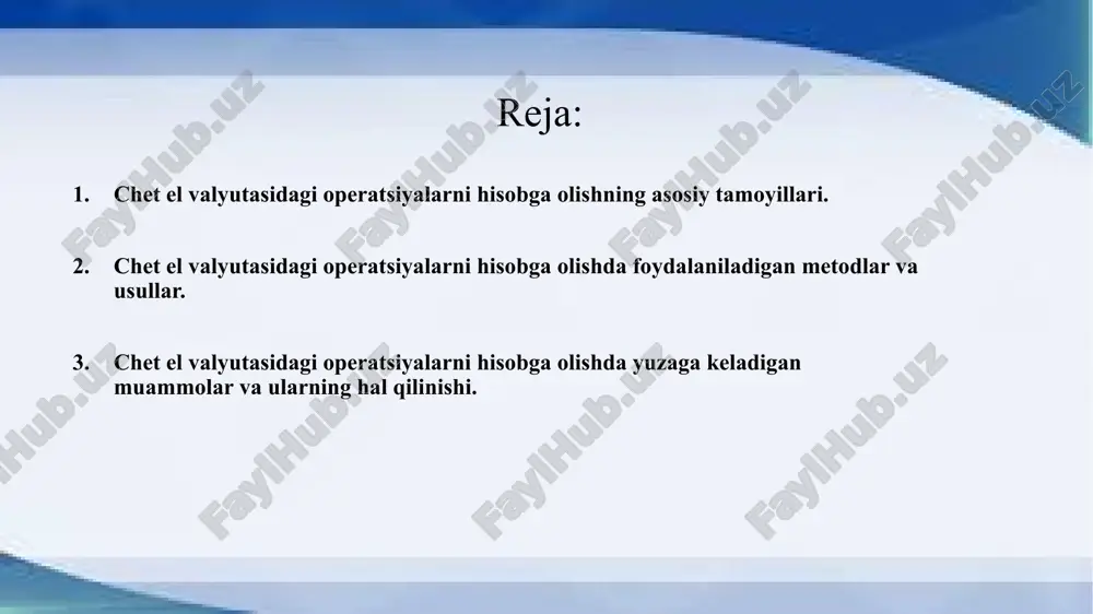 , hisob-kitoblar to'liq va huquqiy asosda ro'yxatga olinadi, bu esa operatsiyaning qonuniyligini ta'minlaydi va soliqlarni to'liq to'lashni osonlashtiradi. chet el valyutasidagi operatsiyalarni hisobga olishda foydalaniladigan metodlar va usullar. valyuta kursini hisoblash: chet el valyutasidagi operatsiyalarni hisobga olishda eng muhim metodlardan biri bu valyuta kursini hisoblashdir. bu metodda, operatsiyalarni amalga oshirish vaqtida belgilangan valyuta kursi asosida xarajatlar va daromadlar hisobga olinadi. kursning o'zgarishlarini kuzatish va vaqtida yangilab borish talab etiladi. valyutani qayta baholash: valyuta kursi o'zgarishi tufayli, valyutalashgan aktivlar va passivlarni qayta baholash zarur. bunda, aktivlar va passivlarning balans qiymati doimiy ravishda valyuta kursiga mos ravishda yangilanadi. valyutalashgan hisob-kitoblar: chet el valyutasidagi operatsiyalarni hisobga olishda valyutalashgan hisob-kitoblar keng qo'llaniladi. bu metodda, barcha xarajatlar va daromadlar valyuta birligida hisoblanadi, va hisob-kitoblar o'zgarishiga qarab qayta baholanadi. bunda, hisob-kitoblarni har bir valyutaga mos ravishda alohida qayd etish muhimdir. valyutani integratsiya qilish: bu usulda, chet el valyutasidagi operatsiyalarni hisobga olishning yagona tizimi ishlab chiqiladi. bunda, …