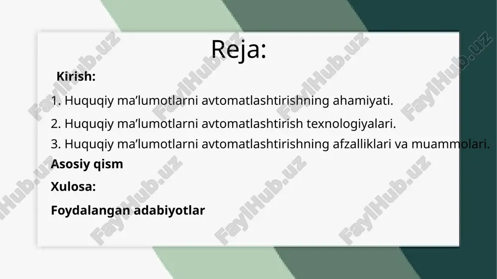 elektron bazalarga kirish tez va oson bo‘lib, foydalanuvchilar kerakli hujjatlarni bir necha soniya ichida topishlari mumkin. sun'iy intellekt (si) va mashina o‘rganish sun'iy intellekt va mashina o‘rganish texnologiyalari huquqiy ma'lumotlarni tahlil qilishda qo‘llaniladi. masalan, sun'iy intellekt huquqshunoslar uchun hujjatlarni avtomatik tahlil qilish, qonunchilikdagi o‘zgarishlarni kuzatish, sud qarorlarini tahlil qilish va yuridik xatolarni aniqlashda yordam beradi. si algoritmlari muayyan qonun yoki huquqiy masalalarni tezda aniqlash va tavsiyalar berish imkonini yaratadi. 3. huquqiy ma’lumotlarni avtomatlashtirishning afzalliklari va muammolari. afzalliklari: tezlik va samaradorlik avtomatlashtirish huquqiy jarayonlarni tezlashtiradi, hujjatlarni yaratish va tahlil qilishda vaqtni tejaydi. huquqiy ma'lumotlarni tezkor qidirish va ishlov berish imkoniyatlari mavjud bo‘ladi, bu esa yuridik firmalar, sudlar va davlat organlariga samarali xizmat ko‘rsatish imkoniyatini yaratadi. xatoliklarning kamayishi inson omiliga bog‘liq xatoliklar kamayadi, chunki huquqiy hujjatlar va ma'lumotlar avtomatik tarzda tizim orqali ishlov beriladi. shuningdek, huquqshunoslar va boshqa mutaxassislar uchun tahlil qilish jarayonlari yanada aniqroq va to‘g‘ri bo‘ladi. resurslarni tejash avtomatlashtirish yordamida …