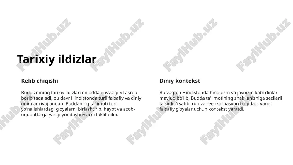 rga sig'inish ibodatxonalardagi marosimlar va marosimlar orqali ifodalanadi. 3 marosimlar marosimlar va urf-odatlar turli xil ibodat va bayramlarni o'z ichiga oladi. buddizmning turlari teravada, mahayana va vajrayana kabi buddizmning turli maktablari mavjud. ularning har biri butun dunyoda buddizm madaniyati va falsafasini boyitgan budda ta'limotining o'ziga xos amaliyoti va talqiniga ega. teravada buddaning dastlabki ta'limotlari va meditatsiya amaliyotlariga e'tibor qaratadi. mahayana bodxisattva yo'liga urg'u beradi va rahm-shafqatga urg'u beradi. vajrayana o'zining chuqur marosimlari va ta'limotlari bilan mashhur. axloqiy me'yorlar beshta amr buddizm axloqiy me'yorlarning muhimligini ta'kidlab, hayot, mulk va halollikni hurmat qilishni o'rgatadigan beshta amrni taklif qiladi. rahmdillik rahmdillik buddizm tomonidan ilgari surilgan markaziy qadriyat bo'lib, boshqalar bilan muloqot qilish uchun asosdir. zamonaviy tendentsiyalar 1 2 3 neo-buddizm neo-buddizm an'anaviy buddist g'oyalarini psixologiya kabi zamonaviy yondashuvlar bilan birlashtiradi. g'arbda buddizm buddizmning g'arbiy talqinlari ko'pincha meditatsiya va ruhiy farovonlikka qaratilgan. ijtimoiy harakatlar ba'zi zamonaviy buddist harakatlar ijtimoiy adolatni faol qo'llab-quvvatlaydi. dunyoda buddizm …
