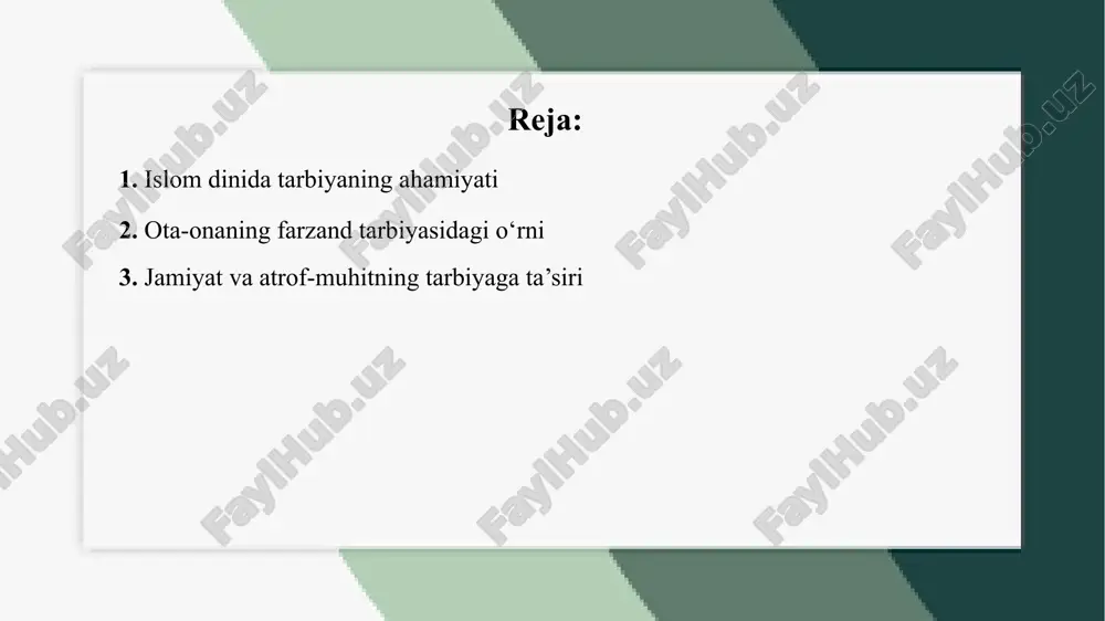 ganiladi. shuningdek, islomiy ta'lim metodlarining jamiyatda qanday tatbiq etilishi, tarbiya jarayonida murabbiyning o‘rni va o‘quvchilarga nisbatan ta'lim uslublarining samaradorligi tahlil qilinadi. 1. islom dinida tarbiyaning ahamiyati islom dini tarbiyani inson hayotining eng muhim jihatlaridan biri deb hisoblaydi. tarbiya faqatgina bilim olish bilan cheklanmay, balki axloqiy fazilatlarni shakllantirish, ezgulikni targ‘ib qilish va yomonliklardan tiyilish kabi ma’naviy tamoyillarni o‘z ichiga oladi. islomda tarbiya bolalikdan boshlanib, butun hayot davomida davom etadi. qur’on va hadislar tarbiyaning ahamiyatini ko‘rsatib, insonni komillikka yetaklovchi vosita sifatida e’tirof etadi. payg‘ambar muhammad (s.a.v.)ning hayoti va o‘gitlari eng mukammal tarbiya namunasi bo‘lib xizmat qiladi. islomiy tarbiya insonni halollik, adolat, mehr-oqibat va sabr kabi fazilatlar bilan bezatadi. islom dini tarbiyani insonning shakllanishida asosiy omil sifatida ko‘radi. tarbiya faqat ilm o‘rganish bilan cheklanmay, balki insoniylik, axloqiy poklik va iymon bilan ham bog‘liqdir. qur’onda inson tarbiyasiga doir ko‘plab oyatlar kelgan bo‘lib, ularda yaxshi xulq-atvor, odob va fazilatlar targ‘ib etiladi. payg‘ambar muhammad (s.a.v.)ning hayoti …