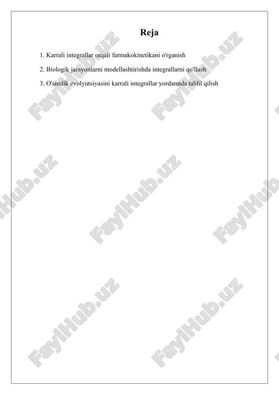 qo'llashda bir qator muammolar mavjud. ularning matematik jihatdan murakkabligi, tadqiqotlar uchun zarur bo'lgan ma'lumotlarni olishdagi qiyinchiliklar va biologik jarayonlarning juda murakkabligi tadqiqotchilarni qiynaydi. shuningdek, nazariy va amaliy muammolar ham mavjud. ushbu tadqiqotning asosiy maqsadi, karrali integrallar orqali farmakokinetikani o'rganish, biologik jarayonlarni modellashtirishda integrallarni qo'llash va o'simlik evolyutsiyasini tahlil qilishdir. karrali integrallar yordamida biologik jarayonlarni modellashtirishda juda ko'p statistik ma'lumotlar mavjud bo'lib, ular tadqiqotlarni yanada kuchaytirish va yangilash imkonini beradi. i. karrali integrallar orqali farmakokinetikani o'rganish karrali integrallar, biologiya va tibbiyot sohalarida muhim rol o'ynaydi, ayniqsa farmakokinetika tadqiqotlarida. farmakokinetika dori vositalarining organizmda qanday harakat qilishini o'rganadi. bu jarayonlar dori qabul qilingandan keyin, uning so'rilishi, taqsimlanishi, metabolizmi va chiqarilishi kabi bosqichlarni o'z ichiga oladi. karrali integrallar yordamida ushbu jarayonlarni aniqroq va samaraliroq modellashtirish mumkin. farmakokinetik tadqiqotlarda karrali integrallarni qo'llashning birinchi qadami, dori moddalarining vaqt o'tishi bilan organizmdagi konsentratsiyasini aniqlashdir. buning uchun, dori moddasining qondagi konsentratsiyasini vaqt bo'yicha o'lchash orqali, karrali integral yordamida …