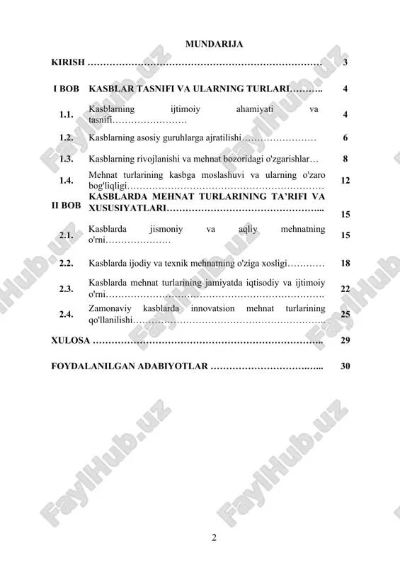 bilimlarni chuqurlashtirishga yordam beradi. kurs ishining maqsadi: ushbu kurs ishining maqsadi kasblar tasnifi va kasblarda mehnat turlarining ta’riflanishini o’rganish, kasblar o’rtasidagi farqlarni tahlil qilish va ularning ta’lim jarayonidagi ahamiyatini aniqlashdan iborat. kasblar tasnifining yangi yondashuvlarini ishlab chiqish, mehnat turlarining o’zgarishiga ta’sir ko’rsatuvchi omillarni o’rganish hamda kasblarni tanlashda o’quvchilarga qanday yordam ko’rsatish mumkinligini tushunish. kurs ishining obyekti: kurs ishining obyekti sifatida kasblar tasnifi va kasblarda mehnat turlarining ta’riflanishi olinadi. bu obyektda kasblarning xususiyatlari, mehnat turlarining o’ziga xosligi va kasb tanlash jarayonida o’quvchilarga taqdim etiladigan ma’lumotlar tahlil qilinadi. shuningdek, kasblar tasnifi va mehnat turlarining ta’lim jarayonidagi roli, o’quvchilarning kasbga oid bilim va ko’nikmalarini rivojlantirishda qanday ta’sir ko’rsatishi o’rganiladi. kurs ishida kasblar tasnifini yangilash va mehnat turlarini aniqlash orqali o’quvchilarning kasbga tayyorlanishi, ta’lim tizimida kasbga oid yondashuvlar, shuningdek, mehnat bozoriga mos keladigan mutaxassislar tayyorlashdagi samaradorlik tahlil etiladi. i bob. kasblar tasnifi va ularning turlari. 1.1. kasblarning ijtimoiy ahamiyati va tasnifi. kasblarning ijtimoiy ahamiyati, …