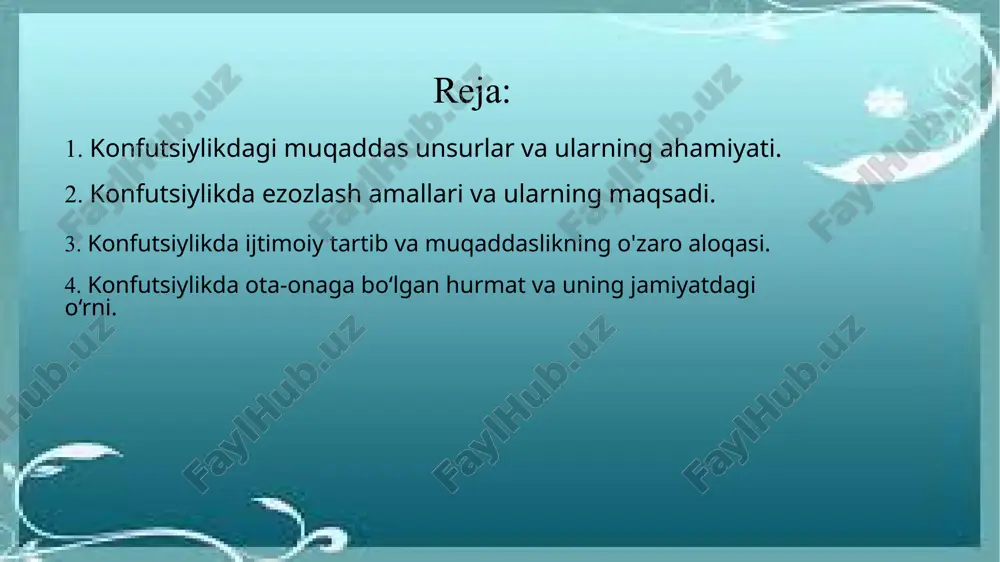 bir-biriga hurmat ko'rsatadilar. "xiao" tushunchasi esa, ota-onaga bo'lgan hurmat va ularni e'zozlashni anglatadi. bu, konfutsiylikda muhim bo'lgan oila qadriyatlarining mustahkamlanishiga yordam beradi. oila va ota-onaga bo'lgan hurmat, jamiyatda umumiy yaxshilikka intilish va axloqiy ustunlikni yaratishga yordam beradi. konfutsiylikda, barcha bu muqaddas unsurlar bir-birini to'ldiradi va jamiyatda barqarorlikni ta'minlashga qaratilgan. bu qadriyatlar nafaqat shaxsiy axloqni shakllantirish, balki ijtimoiy aloqalarni yaxshilash va jamiyatni rivojlantirishda ham katta ahamiyatga ega. insonlar o'rtasidagi o'zaro hurmat va mas'uliyat, konfutsiylikda muqaddas unsurlarni amalga oshirish orqali kuchayadi va bu jamiyatda tinchlik va hamjihatlikni yaratadi. 2. konfutsiylikda ezozlash amallari va ularning maqsadi. konfutsiylikda ezozlash amallari insonlar o'rtasida axloqiy va ijtimoiy tartibni saqlashga qaratilgan muhim ritüel va harakatlardir. ezozlash, asosan, odamlarning jamiyatdagi o'zaro munosabatlarini, hurmatini va mas'uliyatini oshirishga yordam beradi. bu amallar konfutsiylikning asosiy qadriyatlariga, masalan, "ren" (insoniylik) va "li" (an'ana va tartib) tushunchalariga asoslanadi. ezozlash amallarining birinchi maqsadi – odamlarning o'zaro hurmatini va tinchlikni ta'minlashdir. bu, jamiyatda ijtimoiy muvozanatni …