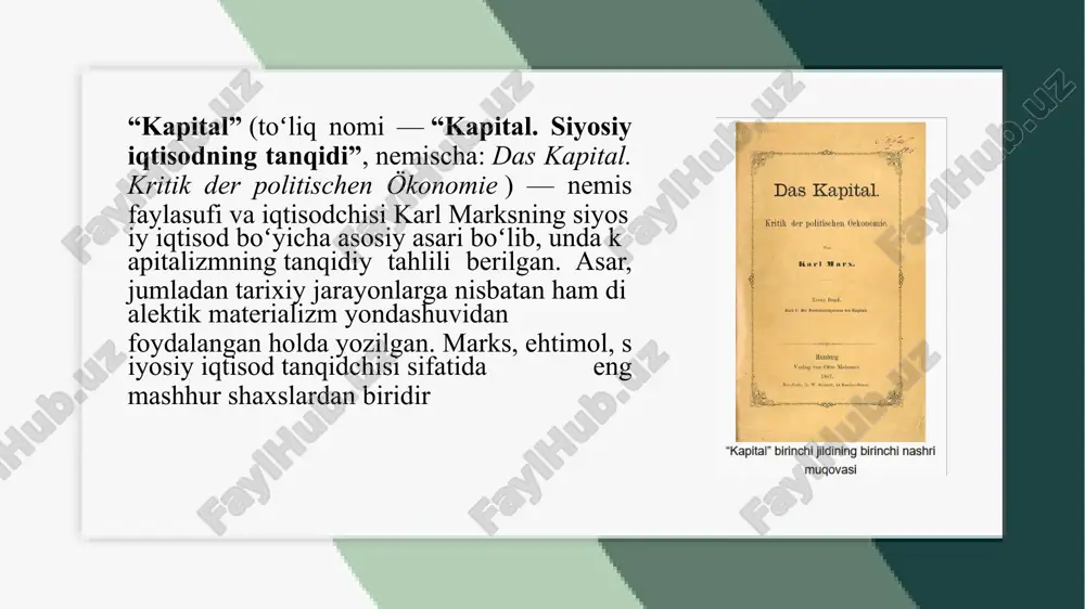 illarda karl kautskiy tomonidan chop etiladi (u ham toʻrtinchi jildga sezilarli oʻzgartirishlar kiritgan). asarning asosiy g‘oyalari: kapitalistik tizim tahlili – ishlab chiqarish usuli sifatida kapitalizm qanday ishlashini va uning ichki ziddiyatlarini tushuntiradi. qo‘shilgan qiymat nazariyasi – ishchilar o‘z mehnati bilan yaratayotgan qiymat kapitalistlar tomonidan qanday egallanayotganini tushuntiradi. sinflar kurashi – kapitalistlar (ishlab chiqarish vositalariga egalik qiluvchilar) va proletariat (ishchilar) o‘rtasidagi ziddiyatni ochib beradi. kapitalning to‘planishi – kapitalistik tizimda boylik qanday yig‘ilishini va bu tizimning muqarrar tanazzulga yuz tutishini tahlil qiladi. "kapital"ning tuzilishi va nashrlari "kapital" uch asosiy jilddan iborat: birinchi jild (1867-yil) – kapitalning ishlab chiqarish jarayoni bu jildda tovar, qiymat, qo‘shilgan qiymat va mehnat nazariyalari tahlil qilinadi. ishchilarning mehnati qanday ekspluatatsiya qilinishi tushuntiriladi. ishlab chiqarish tizimida kapitalistlarning boyishi va ishchilarning qashshoqlashishi haqida fikr yuritiladi. 2. ikkinchi jild (1885-yil, engels tomonidan nashr qilingan) – kapitalning aylanma jarayoni kapitalning aylanishi va takror ishlab chiqarish jarayoni tushuntiriladi. kapitalistik bozor iqtisodiyotining qanday ishlashi …