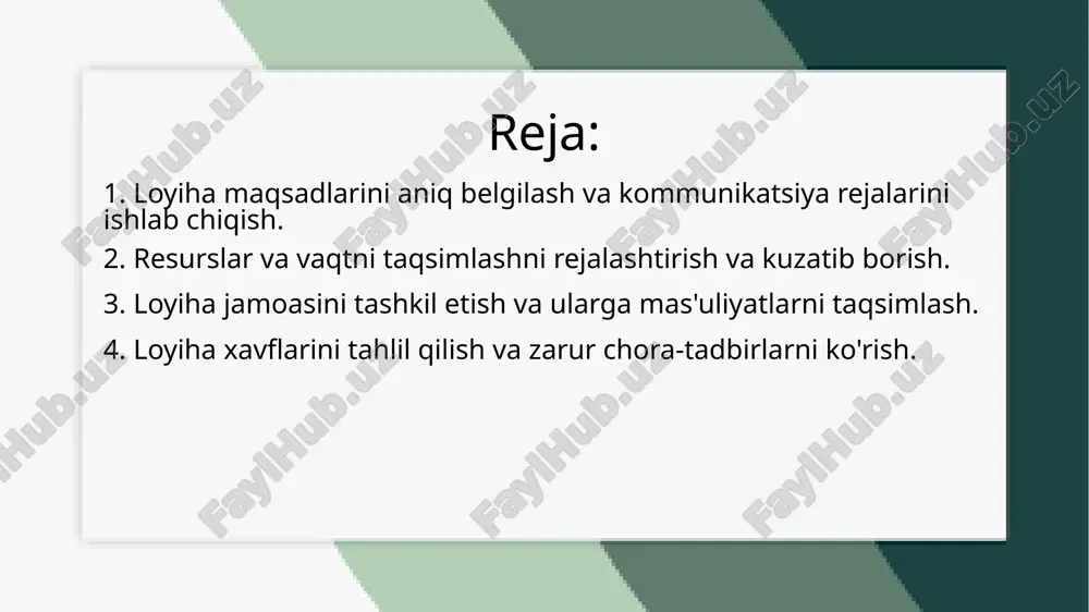 ri, moliyaviy mablag'lar va texnologiyalarni samarali taqsimlashni o'z ichiga oladi. har bir resursni o'z vaqtida va to'g'ri miqdorda taqdim etish, loyihaning to'g'ri yo'nalishda borishini ta'minlaydi. resurslar rejalashtirilganda, ularning har bir turining yetarliligi, ishlash imkoniyatlari va zarur bo'lganda zaxiralar bilan ta'minlanishi kerak. vaqtni taqsimlash loyiha davomida barcha vazifalarning bajarilish muddatlarini belgilashni taqozo etadi. bunda, har bir vazifa uchun bajariladigan vaqtni aniqlash va uni umumiy loyiha muddatiga moslashtirish kerak. loyiha jadvali, vaqtning samarali boshqarilishi uchun muhim vosita bo'lib, unda har bir bosqichning boshlanishi va tugashi, shuningdek, kerakli resurslar va mas'uliyatlar aniq ko'rsatiladi. kuzatib borish jarayoni loyiha davomida resurslar va vaqtning qanday ishlatilayotganini nazorat qilishni o'z ichiga oladi. loyiha holatini muntazam ravishda baholab, rejalashtirilgan muddatlar va resurslar bilan solishtirib borish, kechikishlar yoki resurslarning noto'g'ri ishlatilishini aniqlash imkonini yaratadi. agar zarur bo'lsa, o'zgartirishlar kiritish va loyihani yo'naltirish orqali samaradorlikni oshirish mumkin. 3. loyiha jamoasini tashkil etish va ularga mas'uliyatlarni taqsimlash. loyiha jamoasini tashkil etish, …
