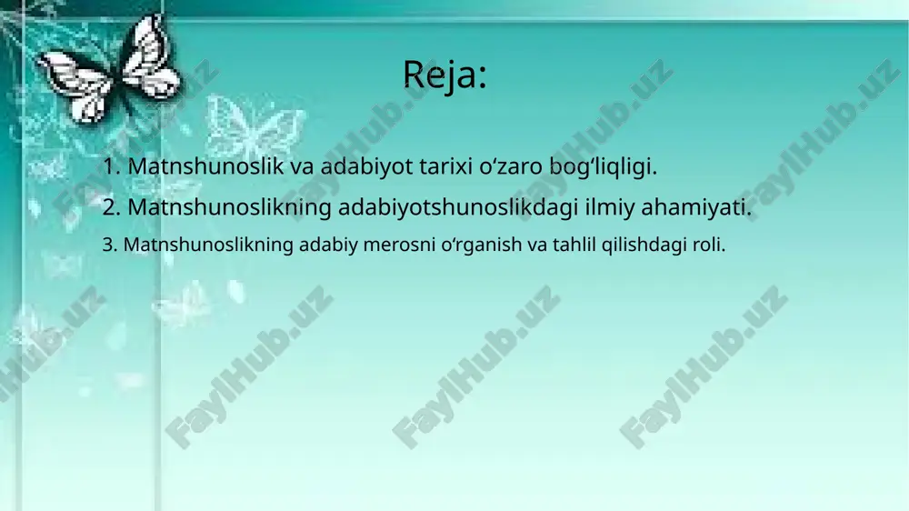 am beradi. bu fan adabiy tahlil va tadqiqotlarning aniq dalillarga asoslanishini ta’minlab, adabiyotshunoslikning nazariy va amaliy jihatlarini boyitadi. etiboringiz uchun rahmat! image1.jfif image2.jpeg