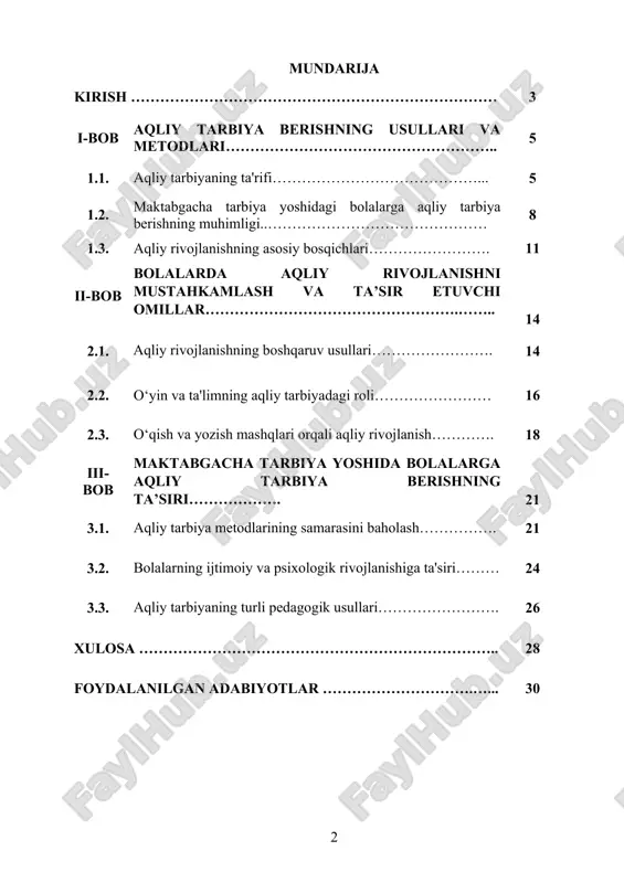 anib qolmaydi, balki bolalarda mustaqil fikrlash va bilim olishga qiziqish uyg‘otish, ularda hayotiy vaziyatlarni baholash va xulosa chiqarish ko‘nikmalarini shakllantirishni ham o‘z ichiga oladi. ushbu maqsadlarga erishish uchun o‘qituvchilar va ota-onalar tomonidan turli metod va usullardan foydalanish talab etiladi. pedagogika va psixologiya fanlarining nazariy asoslariga tayanib, aqliy tarbiya metodlarini ishlab chiqish va ularni amaliyotga tatbiq etish mazkur tadqiqotning asosiy vazifalari qatoriga kiradi. izlanishning maqsadi maktabgacha yoshdagi bolalarning aqliy rivojlanishini ta’minlash uchun samarali metod va usullarni aniqlash va ularni pedagogik jarayonga tatbiq etishdir. ushbu maqsadga erishish uchun quyidagi vazifalar belgilangan: aqliy tarbiya va uning asosiy tushunchalarini nazariy jihatdan o‘rganish. maktabgacha yoshdagi bolalar uchun mos bo‘lgan pedagogik metod va usullarni aniqlash. aqliy tarbiya jarayonida bolalarning individual xususiyatlarini hisobga olish imkoniyatlarini tahlil qilish. aqliy tarbiya jarayonining samaradorligini oshirish uchun yangi yondashuvlarni taklif etish. ushbu izlanish nazariy asoslarini pedagogika, psixologiya va metodika fanlari tashkil etadi. shuningdek, aqliy tarbiyaning rivojlanishiga oid zamonaviy ilmiy izlanishlar va …