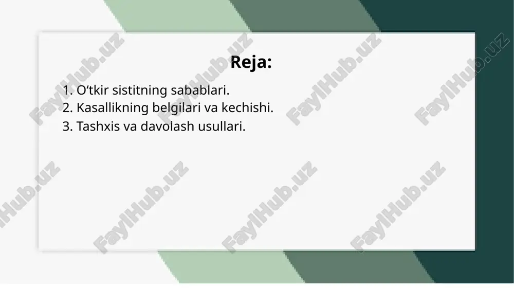 ikning og‘ir shaklida tana harorati ko‘tarilishi, titroq va umumiy kasallik alomatlari paydo bo‘ladi. kasallik davomida charchoq va ko‘ngil aynishi kabi simptomlar ham kuzatilishi mumkin. agar o‘tkir sistit erta davolansa, infeksiya tezda tuzaladi. ammo, agar davolash kechiktirilsa yoki noto‘g‘ri davolanayotgan bo‘lsa, infeksiya siydik yo‘llariga yoki buyraklarga tarqalishi mumkin, bu esa kasallikni murakkablashtiradi va surunkali sistitga aylanishiga olib keladi. shuning uchun kasallikni tezda aniqlash va to‘g‘ri davolash juda muhimdir. o‘tkir sistitning belgilari tez paydo bo‘ladi va odatda siydik qilishda og‘riq, achishish yoki kuyish hissi bilan boshlanadi. siydikni tez-tez qilish istagi ham paydo bo‘ladi, lekin siydikni oz-ozdan chiqarish holati ham kuzatilishi mumkin. siydikda qon yoki quyuq rangning paydo bo‘lishi pufakdagi yallig‘lanishni bildiradi. etiboringiz uchun rahmat! image1.png image2.jpeg image3.jpeg