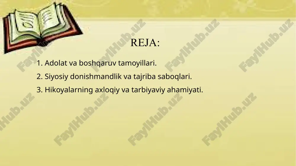 adolatli hukmdorlarning yutuqlari va adolatsizlik tufayli inqirozga yuz tutgan davlatlarning misollari keltiriladi. 2. siyosiy donishmandlik va tajriba saboqlari. siyosiy donishmandlik va tajriba saboqlari "siyosatnoma" asarida muhim o‘rin tutadi. nizom ul-mulk davlat boshqaruvida tajriba va zukkolik katta ahamiyatga ega ekanligini ta’kidlaydi. u hukmdorlarning faqat kuch bilan emas, balki aql-idrok va dono qarorlar bilan boshqarishi kerakligini uqtiradi. tajribali boshqaruvchi mohirona siyosat yuritib, davlatning qudratini saqlab qolishi va uni yanada mustahkamlashi mumkin. asarda hukmdor va amaldorlar uchun qimmatli saboqlar bo‘lgan hikoyalar orqali siyosiy donishmandlikning ahamiyati yoritiladi. aqlli va dono hukmdor fitna va nizolarni oldindan sezib, ularni bartaraf etishga qodir bo‘lishi kerakligi qayd etiladi. siyosiy donishmandlik va tajriba saboqlari "siyosatnoma" asarida davlat boshqaruvining muhim shartlaridan biri sifatida ko‘rsatiladi. nizom ul-mulk tajribasiz va ehtiyotsiz hukmdorlarning xatolari davlatni inqirozga olib kelishini ta’kidlaydi. u davlat ishlarida uzoqni ko‘ra bilish, vaziyatni tahlil qilish va dono qarorlar qabul qilish muhimligini urg‘ulaydi. hukmdorlarning shoshqaloqlik va g‘aflatga berilishi dushmanlarning qo‘liga qulay …