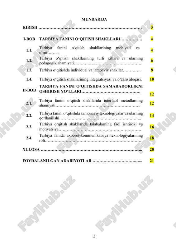 ng turli pedagogik tizimlarda qo‘llanilishi. kurs ishining predmeti: tarbiya fanini o‘qitish shakllarining zamonaviy ta’lim tizimidagi o‘rni va samaradorligi, turli shakllar orqali o‘quvchilarning tarbiyaviy sifatlarini rivojlantirish. kurs ishining metodologik asosi: pedagogika, psixologiya va sotsiologiya fanlari, shuningdek, zamonaviy ta’lim texnologiyalari asosida tarbiya fanini o‘qitish shakllarini o‘rganish va ularning ta’lim jarayonidagi ahamiyatini tahlil qilish. kurs ishining amaliy ahamiyati: tadqiqot natijalari tarbiya fanini o‘qitish shakllarini takomillashtirish, interfaol metodlar va innovatsion pedagogik texnologiyalarni qo‘llash orqali o‘quvchilarning ma’naviy va axloqiy rivojlanishini oshirishga yordam beradi. shuningdek, zamonaviy ta’lim shakllari, audiovizual vositalar va interaktiv metodlarni joriy etish orqali o‘quvchilarning umumiy tarbiya sifatini yuqori darajaga ko‘tarish imkoniyatlarini yaratadi. i bob. tarbiya fanini o‘qitish shakllari 1.1. tarbiya fanini o‘qitish shakllarining mohiyati va o‘rni tarbiya fanini o‘qitish shakllari ta’lim jarayonining ajralmas qismi bo‘lib, o‘quvchilarning ma’naviy va axloqiy jihatdan rivojlanishini ta’minlashda muhim rol o‘ynaydi. har bir shakl o‘qitish jarayonining samaradorligini oshirishga, o‘quvchilarning individual va jamoaviy rivojlanishiga yordam beradi. tarbiya fanini o‘qitish shakllari, …
