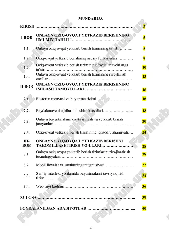 onlayn oziq-ovqat yetkazib berish platformalari faqatgina foydalanuvchilarga taom buyurtma qilish imkoniyatini yaratibgina qolmay, balki restoranlar va mijozlar o‘rtasidagi interaktiv bog‘liqlikni ta’minlaydi. ushbu mavzu oziq-ovqat sanoatining raqamli transformatsiyasi jarayonida katta ahamiyatga ega. onlayn oziq-ovqat yetkazib berish platformalarining rivojlanishi orqali foydalanuvchilarga yanada qulay va interaktiv xizmatlar taqdim etish, shuningdek, restoranlarning xizmatlarini keng auditoriyaga yetkazish imkoniyatini yaratish mumkin. oziq-ovqat yetkazib berish platformalarini yaratish va ularning samaradorligini oshirish bo‘yicha tadqiqotlar olib borish foydalanuvchilar uchun qulay interfeys yaratish, buyurtmalarni samarali boshqarish, to‘lov tizimlarini avtomatlashtirish, taomlar sifati va yetkazib berish vaqtini optimallashtirish kabi masalalarni hal etishga yordam beradi. kurs ishining maqsadi: onlayn oziq-ovqat yetkazib berish platformasining texnik va funksional jihatlarini o‘rganish, foydalanuvchilar uchun qulay va samarali tizim yaratish imkoniyatlarini tahlil qilish. shu orqali onlayn oziq-ovqat yetkazib berish platformalarining zamonaviy talablarga javob beradigan innovatsion yechimlarini ishlab chiqish hamda oziq-ovqat sanoatida uning ahamiyatini oshirishga yo‘naltirilgan tadqiqotlar o‘tkazish. kurs ishining vazifalari: onlayn oziq-ovqat yetkazib berish platformasining asosiy funksiyalarini o‘rganish …