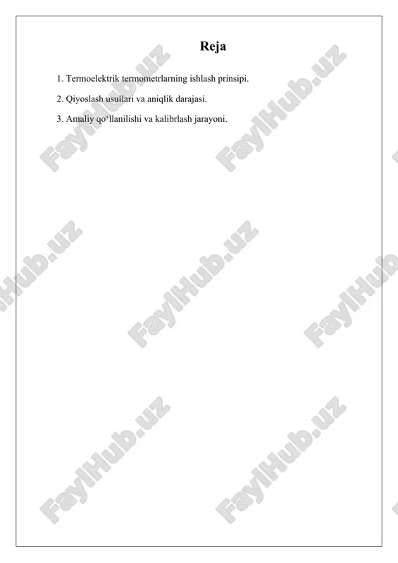 ni aniqlash uchun ikki xil metall yoki yarim o'tkazgich materiallarning o‘zaro bog‘lanishidan hosil bo‘lgan elektr kuchlanishidan foydalanadi. bu hodisa seebek effekti deb ataladi. ularning ishlash mexanizmi harorat farqi natijasida elektr toki hosil bo‘lishiga asoslangan. termojuftning bir uchi issiq, ikkinchi uchi sovuq muhitda bo‘lsa, ularning orasida potensial farq yuzaga keladi. ushbu elektr kuchlanishining kattaligi harorat farqiga bog‘liq bo‘lib, uni maxsus o‘lchash asboblari yordamida qayd etish mumkin. olingan ma'lumotlar harorat miqdoriga aylantiriladi va shu orqali aniq o‘lchovlar amalga oshiriladi. termoelektrik termometrlar haroratni tez va aniq aniqlash imkonini beradi. ular mustahkam, kimyoviy jihatdan barqaror va juda past yoki yuqori haroratlarni ham o‘lchashga moslashgan. bu turdagi termometrlar sanoat harorat o‘lchovlari, laboratoriya tadqiqotlari, tibbiyot va atrof-muhit monitoringi kabi ko‘plab sohalarda qo‘llaniladi. ishonchliligi va sezgirligi sababli, haroratni nazorat qilish tizimlarida muhim rol o‘ynaydi. termoelektrik termometrlar, asosan, haroratni o‘lchash uchun termojuft effektidan foydalanadi. bu effekt ikki xil materialdan hosil bo‘lgan maxsus qurilmaning ishlash prinsipi bo‘lib, bir-biriga ulangan …