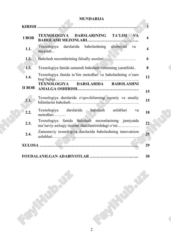 hu sababli texnologiya darslarida baholash mezonlarini to‘g‘ri shakllantirish va tatbiq etish bugungi kunda dolzarb masalalardan biri hisoblanadi. kurs ishining maqsadi: ushbu kurs ishining maqsadi texnologiya darslarida baholash mezonlarini tahlil qilish, zamonaviy ta’lim tizimida ularning tutgan o‘rni va samaradorligini o‘rganishdan iborat. o‘quvchilarning bilim, ko‘nikma va malakalarini obyektiv baholash uchun turli baholash usullarining o‘rganilishi, ularning amaliyotda qo‘llanilishi va natijalari tahlil qilinadi. kurs ishining obyekti: kurs ishining obyekti sifatida texnologiya darslarida qo‘llaniladigan baholash mezonlari va ularning pedagogik jarayondagi roli olinadi. o‘quvchilarning bilim va ko‘nikmalarini baholash tizimi, uning an’anaviy va innovatsion yondashuvlari, shuningdek, ta’lim samaradorligini oshirishga qaratilgan baholash usullari tahlil qilinadi. baholash jarayonida o‘qituvchining roli, o‘quvchilarning amaliy ishlarini baholash metodikasi va natijalarning ob’ektivligini ta’minlash muhim jihatlar sifatida ko‘rib chiqiladi. bundan tashqari, texnologiya fanida baholash mezonlarini ishlab chiqish va tatbiq etishning dolzarbligi hamda baholashning kelajakdagi rivojlanish istiqbollari o‘rganiladi. i bob. texnologiya darslarining ta’lim va baholash mezonlari. 1.1. i texnologiya darslarida baholashning ahamiyati va maqsadi.. ta’lim …