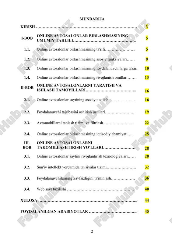 amli platformada birlashtirish, shuningdek, avtomobil sotuvchilari va xaridorlar o‘rtasidagi o‘zaro aloqalarni samarali tashkil etish dolzarb masalalardan biridir. ushbu mavzu, transport sanoatining raqamli transformatsiyasi jarayonida muhim ahamiyatga ega. onlayn avtosalonlar birlashmasi orqali foydalanuvchilarga o‘zlariga mos avtomobillarni tanlashda yordam beruvchi innovatsion xizmatlar taqdim etish, shuningdek, sotuvchilarga o‘z mahsulotlarini keng auditoriyaga yetkazish imkonini yaratish mumkin. bunday platforma foydalanuvchilarga avtomobil sotib olish yoki sotish jarayonini qulay va samarali tashkil etishga yordam beradi. kurs ishining maqsadi: onlayn avtosalonlar birlashmasining texnik va funksional jihatlarini o‘rganish, foydalanuvchilar uchun qulay va samarali platforma yaratish imkoniyatlarini tahlil qilish. onlayn avtosalonlar birlashmasining zamonaviy talablarga javob beradigan innovatsion yechimlarini ishlab chiqish, shuningdek, avtomobil sotish va sotib olish bo‘yicha onlayn platformaning iqtisodiy va tijorat jihatlarini rivojlantirishga yo‘naltirilgan tadqiqotlar o‘tkazish. kurs ishining vazifalari: onlayn avtosalonlar birlashmasining asosiy funksiyalarini o‘rganish va foydalanuvchilarning talablariga mos yechimlar ishlab chiqish. avtomobillarni tanlash va filtrlash tizimini avtomatlashtirish. platformaning interfeysi va foydalanuvchi tajribasini (ux/ui) optimallashtirish. avtomobil sotuvchilari va xaridorlar …