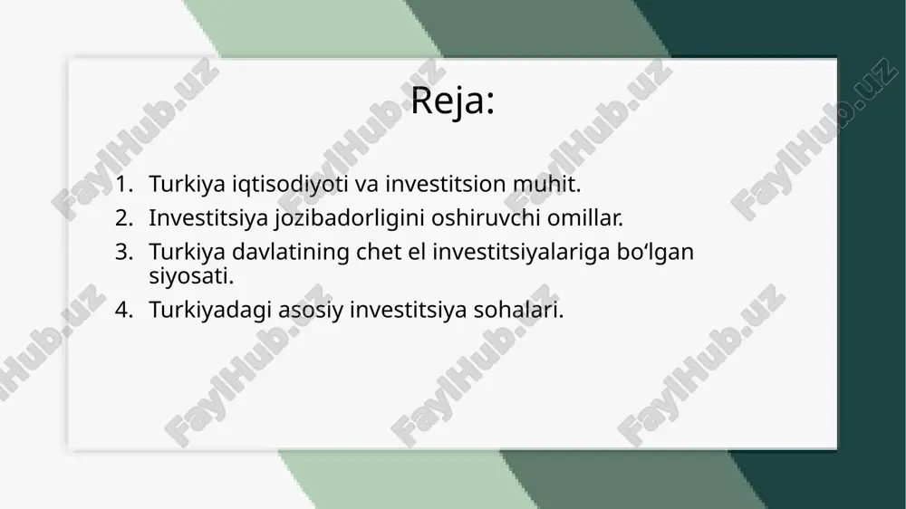 va o‘rta sharq bozorlariga qulay aloqalar o‘rnatilgan. bu esa chet el investorlariga turkiyani logistik markaz sifatida tanlash imkonini beradi. shuningdek, turkiyaning transport infratuzilmasi, jumladan, aeroportlar, portlar va temir yo‘l tizimlari rivojlanishida muhim yutuqlarga erishilgan. investitsiya jozibadorligini oshiruvchi omillar investitsiya jozibadorligini oshiruvchi omillar bir qator iqtisodiy, siyosiy va ijtimoiy omillarga bog‘liq bo‘lib, ular investorlar uchun mamlakatni jozibali qilishga yordam beradi. turkiyada investitsiya jozibadorligini oshiruvchi asosiy omillar orasida geosiyosiy joylashuvning muhim o‘rni bor. turkiya yevropa, osiyo va o‘rta sharq orasidagi strategik joylashuvi bilan ajralib turadi, bu mamlakatni xalqaro savdo yo‘llarida muhim tranzit nuqtasi sifatida juda jozibali qiladi. bu chet el investorlariga global bozorlar bilan oson bog‘lanish imkoniyatini yaratadi. iqtisodiy o‘sish sur’atlari ham investitsiya jozibadorligini oshiradi. turkiya iqtisodiyoti so‘nggi yillarda sezilarli darajada o‘sdi. yuksaluvchi sanoat va xizmatlar sektorlari, yuqori investitsiya salohiyati va kuchli ichki bozor mamlakatni iqtisodiy jihatdan jozibali qiladi. soliqlar va iqtisodiy rag‘batlar investorlarni jalb qilishda muhim omil hisoblanadi. turkiya hukumati investorlarga …