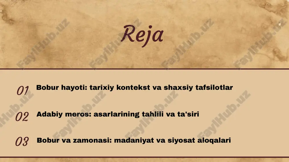 ini va madaniyatini hikoya qiladi. bu asar nafaqat adabiy, balki tarixiy ahamiyatga ham ega bo'lib, o'z zamonasining ijtimoiy, siyosiy va madaniy kontekstini yoritadi. bobur asarlariga kirish bobur o'z asarlarida o'ziga xos uslubda ijtimoiy va siyosiy hayotni tasvirlaydi. uning yozish uslubi sodda va ravon bo'lib, o'quvchilarga o'z zamonining muammolarini yaqqol ko'rsatadi. bobur, shuningdek, o'z asarlarida tabiiy go'zallik va insoniy his-tuyg'ularni juda ta'sirchan tarzda bayon etadi. adabiy merosidagi qiziqarli jihatlar bobur asarlarida turli janrlar mavjud, jumladan, tarixiy, poeziya va proza. u o'z asarlarida o'zining shaxsiy tajribalarini, shuningdek, o'z davridagi voqealarni bayon etadi. bobur tarixiy voqealarni o'z asarlarida qayd etish bilan birga, ularning ruhiyatini ham aks ettiradi. bobur asarlarining o'ziga xos xususiyatlari bobur va madaniyat o'rtasidagi aloqalar bobur davridagi madaniyat va san'at rivoji bobur davrida madaniyat va san'at juda yuqori darajada rivojlandi. u o'zining zamonida san'atkorlar va olimlarga katta e'tibor berdi va ularni qo'llab-quvvatladi. bunday yondashuv, nafaqat adabiyotda, balki rasm, musiqada va me'morchilikda …