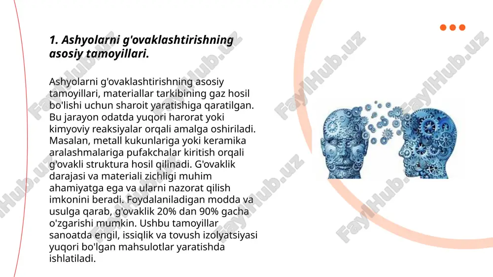 'ladi va materialda g'ovaklar vujudga keladi. ushbu texnologiya qurilish materiallari, masalan, g'ovakli beton yoki olovga chidamli g'isht ishlab chiqarishda keng qo'llaniladi. g'ovaklashtirilgan materiallar odatda 20-30% yengil bo'ladi va issiqlik o'tkazuvchanligi taxminan 0.1-0.3 vt/(m·k) bo'lishi mumkin. bu xususiyatlar ularni energiya samaradorligi yuqori yoki og'irlikni kamaytirish muhim bo'lgan ilovalarda afzal keltiradi. ... t.me/slaydai_bot 4. fizinaviy usullar bilan g'ovaklashtirish. fizinaviy usullar bilan g'ovaklashtirish ko'pincha turli materiallarni har xil foydalanishlariga moslash uchun qo'llaniladi. bunga issiqlik bilan ishlov berish, mexanik zarbalar yoki yuqori bosim ostida gazlar bilan ishlash kiradi. masalan, alyuminiy kabi metallarni g'ovaklashtirish jarayonida ularning zichligi kamayadi va o'ziga xos mexanik xususiyatlar hosil bo'ladi. keramika va polimerlar ham turli maqsadlar uchun g'ovak qilinishi mumkin. bir usul sifatida, ko'pik hosil qiluvchi modda materialga qo'shilishi mumkin, natijada hosil bo'lib chiqadigan gazlar materialda g'ovak tuzilishini keltirib chiqaradi. bu usullar amaliyotda keng qo'llanish orqali materiallarning ishlash xususiyatlarini yaxshilashga xizmat qiladi. ... t.me/slaydai_bot mexanik g'ovaklashtirish jarayonlari materialning ichki tuzilishini …