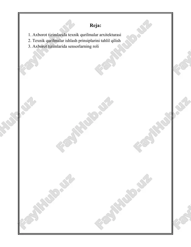 a boshqalar ushbu toifaga kiradi. i/o qurilmalarining tezligi va o‘lchamlari texnik talab va operativlik bo‘yicha farq qiladi. 5. **tarmoq qurilmalari** - axborot tizimlarida aloqa va ma’lumot almashinuvi tarmoqlar orqali amalga oshiriladi. modemlar, routerlar, tugunlar (nodes) va shlyuzlar (gateways) tarmoq texnologiyalarining asosiy elementlaridir. mamlakatda o‘rtacha internet tezligi 10-50 mbps bo‘lishi mumkin, lekin rivojlangan korporativ tarmoqlar uchun bu tezlik ancha yuqori bo‘lishi lozim. 6. **server infratuzilmasi** - axborot tizimlari o‘z ichiga serverlarni ham oladi. serverlar odatda undan ortiq dasturlar va tarmoqlarni bajarish quvvatiga ega bo‘lishi kerak. masalan, blade serverlari mavjud bo‘lib, ular zich server muhitlarida joylashgan va yaxshi samaradorlikni ta’minlaydi. axborot tizimlari texnik qurilmalar arxitekturasining barcha aspektlarini sanab o‘tish juda qiyin, chunki bu soha o‘sib boradi va texnologiyalar tez o‘zgaradi. ammo yuqoridagi jihatlar axborot tizimlari qanday ishlashi va ular qanday texnik asoslarda qurilishi haqida umumiy tasavvur beradi. axborot tizimlarida texnik qurilmalar arxitekturasi joriy zamonaviy informatika infratuzilmasining muhim qismidir va uning mukammal ishlashi …