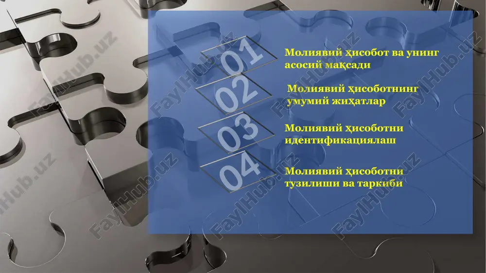usi pul oqimlarini prognoz qilishga yordam berish 1 2 3 moliyaviy hisobotning to'liq to'plami 6 moliyaviy xolat moliyaviy natijalar pul oqimlari moliyaviy holat to'g'risidagi hisobot foyda yoki zarar va boshqa umumlashgan daromad to'g'risidagi hisobot xususiy kapitaldagi o'zgarishlar to'g'risidagi hisobot pul mablag'lari xarakati to'g'risidagi hisobot izohlar rahbariyat tomonidan tayyorlangan moliyaviy sharh moliyaviy hisobotlardan tashqari tashkilotning investitsiya siyosati, shu jumladan dividend siyosati; tashkilot faoliyatining moliyalashtirish manbalari va u tomonidan ko'zlangan majburiyatlarning xususiy kapitalga nisbati ko'rsatkichi; va tashkilotning mhxslarga muvofiq moliyaviy holat to'g'risidagi hisobotda tan olinmagan resurslari. ekologik hisobotlar va qo'shilgan qiymat to'g'risidagi hisobotlar kabi bayonotlarni va hisobotlar. haqqoniy taqdim etish va mhxslarga muvofiqlik faoliyatning uzluksizligi hisoblash usuli bo'yicha hisob o'zaro hisob-kitob hisobotni taqdim etish davriyligi umumiy jihatlar taqdim etishning izchilligi qiyosiy ma'lumot muhimlik va jamlash haqqoniy taqdim etish va mhxslarga muvofiqlik mhxslarga muvofiqlik ma'lumot : o'rinli, ishonchli, qiyoslanuvchan va tushunarli ma'lumotlarni yoritib berish agar chalg'itadigan bo'lsa, bu to'g'risidagi ma'lumotlarni yoritib berish faoliyatning …