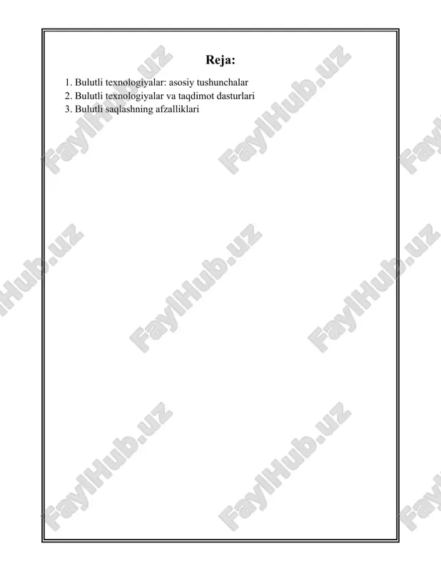 r ushbu resurslardan ko'pincha o'z serverlarini hosil qilish va boshqarish uchun foydalanadilar. amazon ec2, google compute engine ushbu xizmatlarning eng mashhur namunalari hisoblanadi. **bulutli saqlash (cloud storage):** bu ma'lumotlarni internetda saqlash va ulardan foydalanishga imkon beruvchi texnologiyadir. bulutli saqlash xizmatlari orasiga google drive, dropbox, apple icloud kiradi. ushbu xizmatlar ma'lumotlarni xavfsiz saqlash, uning zaxira nusxasini yaratish va osongina ulashish imkonini beradi. **xavfsizlik va maxfiylik:** bulutli texnologiyalar xavfsizlik va maxfiylik muammolariga ega bo'lishi mumkin. ma'lumotlarning bulutda saqlanishi ma'lumotlarning maxfiyligini ta'minlash uchun zarur bo'lgan qo'shimcha chora-tadbirlarni talab qiladi. shifr bilan himoyalash va ma'lumotlar qatlami xavfsizligini ta'minlash muhim ahamiyatga ega. **foydalanuvchilar soni va statistikalar:** 2023-yilga kelib, bulutli texnologiyalarni qo'llayotgan jahon bo'ylab korxonalar soni sezilarli darajada oshdi. o'tkazilgan tadqiqotlar shuni ko'rsatadiki, kompaniyalarning deyarli 94% bulutli texnologiyalardan biron bir shaklda foydalanmoqda. global bulutli xizmatlar bozori hajmi esa 832 milliard aqsh dollariga yetdi va 2025-yilga kelib bu raqam 1 trillion dollarni oshishi kutilmoqda. **ekologik ta'sir:** bulutli …