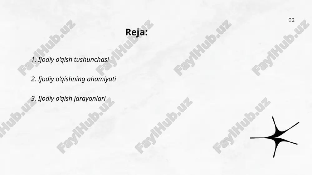 turli sohalarda muvaffaqiyatga erishish imkonini beradi. ... t.me/slaydai_bot ijodiy o'qish jarayonlari kitoblar, maqolalar yoki boshqa matnlar orqali chuqur tushuncha hosil qilishga qaratilgan strategiyalardan iborat. ushbu jarayon talablarga mos qismlarni tahlil qilish va asosiy g'oyalarni ajratib olishdan iborat. masalan, ilmiy-tadqiqot ishlari uchun talaba nazariy manbalarni mustaqil ravishda o'rganishi kerak bo'ladi. tadqiqotlar shuni ko'rsatadiki, o'qish vaqtida 90% anglab olish uchun kontsepsiyalarni aniq tushunish va amaliy misollar keltirish muhimdir. o'qish samaradorligini oshirish uchun 45 daqiqa davomida muhokama va qayta ko'rib chiqish, 15 daqiqalik tanaffuslar bilan birga olib borilishi kifoyadir. shu tarzda ijodiy o'qish jarayoni intellektual rivojlanishi va bilim olish samaradorligini oshiradi. ... t.me/slaydai_bot 4. ijodiy o'qishga o'quvchilarni rag'batlantirish ijodiy o'qishga o'quvchilarni rag'batlantirish o'qish qobiliyatini oshirish va ijodiy fikrlashni rivojlantirish uchun muhim hisoblanadi. tadqiqotlar shuni ko'rsatadiki, 15-18 yoshdagi o'quvchilarning 70% kitob o'qishga qiziqish bildirmasa, ijodiy yo'naltirilgan dasturlar yordamida bu ko'rsatkichni 50% ga kamaytirish mumkin. shu maqsadda maktablar va oilalar o'rtasida hamkorlikda tashkil etilgan tadbirlar, …