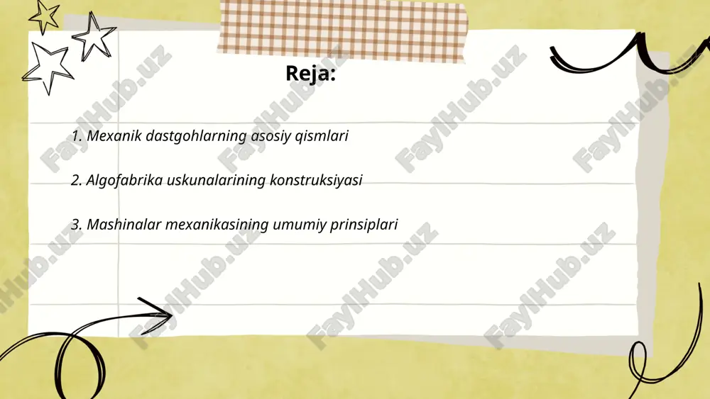 a tishli mexanizmlar orqali uzatmani boshqarishni anglatadi. ikkinchidan, ish va quvvat talablarini qondirish uchun mexanizmlar samaradorligini optimallashtirish muhimdir. samaradorlik yuqori bo'lishi uchun energiya yo'qotishlarni kamaytirish kerak. uchinchidan, dinamik xususiyatlarni tahlil qilish harakat va tezlikni nazorat qilish uchun kerak bo'ladi. bu tamoyil mashinaning ishonchliligini oshirishga yordam beradi. shuningdek, har bir mexanizmning elementlari zichligi, massasi va hajmiga e'tibor qaratiladi, chunki bu omillar mexanik tasdiqlash va chidamlilikni ta'minlashda muhimdir. ... t.me/slaydai_bot 4. agregatlarning harakatlanish mexanizmlari agregatlarning harakatlanish mexanizmlari turli tizimlarda qo‘llaniladi, jumladan, transport, sanoat va qurilishda. ular asosan mexanik, gidravlik va elektr uzatmali bo‘lishi mumkin. mexanik uzatmalar odatda uzatmalar qutisi va vallar orqali harakatni oshiradi. gidravlik mexanizmlar suyuqlik bosimi vositasida ishlaydi va ko‘p hollarda yuqori yuklarni ko‘tarishga yordam beradi. elektr uzatmalar esa motorlar yordamida harakatni ta’minlaydi. ushbu mexanizmlar harakatni samarali, ishonchli va talabga binoan aniq tarzda ta’minlaydi. ratsionallashgan ishlatilishi texnik quvvatni oshiradi va energiya sarfini kamaytiradi. texnologik rivojlanish bu tizimlarni yanada samarador va …