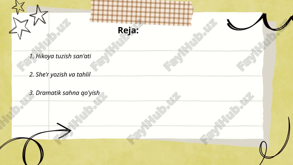 bek she’riyati alisher navoiy, bobur kabi buyuk shoirlarning ijodi bilan boyitilgan. she’r tahlili paytida mavzu, vazn, qofiya, obrazlar, badiiy uslublar va til o‘rganiladi. she’riy tahlil o‘quvchim nazmning asosiy g‘oyasini tushunishga yordam beradi. zamonaviy o'zbek adabiyotida she'rlarning tahlili orqali yozuvchilarning o'ziga xos uslubi va ijodiy maqsadlari aniqlanadi. she’riyat ilmiy konferensiyalar va adabiy kechalar orqali ham o‘rganiladi va rivojlantiriladi. ... t.me/slaydai_bot dramatik sahna qo'yish madaniy tadbirlarda keng qo'llaniladi va u asosan teatr, maktab va turli bayram tadbirlari uchun mo'ljallangan. sahna qo'yish jarayoni odatda 3-5 hafta davom etadi, ya'ni tayyorgarlik, repetitsiyalar va sahna bezaklarini o'rnatishni o'z ichiga oladi. rollarning ajratilishi va aktyorlarning tayyorgarligi muhim bosqich hisoblanadi, bunda 10-20 nafargacha ishtirokchi jalb qilinadi. sahna bezaklari, musiqa va yoritish uchun alohida e'tibor beriladi, bu esa umumiy vaqtning qariyb 30-40 foizini tashkil etadi. sahna qo'yish jarayoni muvaffaqiyatli amalga oshirilganda, o'quvchilar va tomoshabinlar hissiyotlarini chuqurroq anglash imkoniyatiga ega bo'lishadi. ... t.me/slaydai_bot 4. kitob klubi tashkil etish kitob …