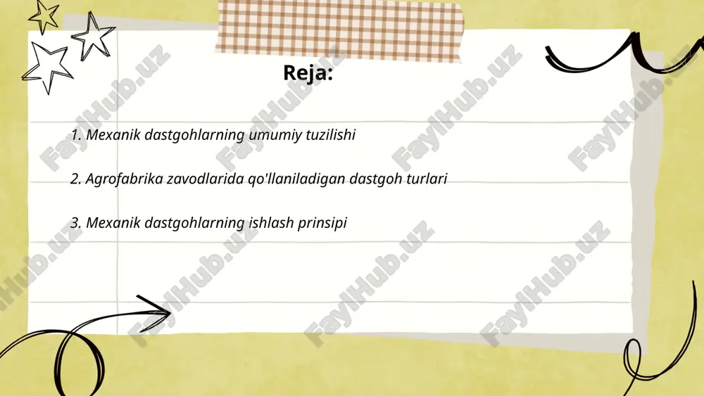 mahsulot qayta ishlanadi. har bir dastgoh turi ishlab chiqarish jarayonini samarasini oshirish uchun maxsus mo'ljallangan. ... t.me/slaydai_bot mexanik dastgohlarning ishlash printsipi ularning turiga qarab farq qiladi. masalan, frezalash dastgohlari materiali shakllantirish uchun kesish harakatlari bajaradi, stanokning aylanish tezligi minutiga 5000-10,000 aylanishgacha yetishi mumkin. tokarlik dastgohlari aylanma qismlarni ishlov berish uchun ishlatiladi, bunda aylanayotgan qismining yuqori tezlikda aylanishi va stakanning harakatlanuvchi qismi orqali materialdan chiplar olib tashlanadi. press dastgohlar esa 100 tonnagacha siquv kuchi yordamida deformatsiyani amalga oshiradi. har bir dastgohning asosiy maqsadi tor qurilish aniqligi va yuzalar sifati bilan maqbul natijalarga erishishdir. mexanik dastgohlar avtomatlashtirilgan yoki qo‘lda boshqariladigan bo‘lishi mumkin. ... t.me/slaydai_bot 4. dastgohlarning asosiy komponentlari dastgohlarning asosiy komponentlari asosan quyidagi qismlardan iborat: 1) ramka yoki korpus — dastgohning asosiy tuzilmasi bo'lib, barcha boshqa qismlarni birlashtiradi. 2) dvigatel — dastgohga quvvat beradi, odatda elektr dvigatellari ishlatiladi. 3) transmissiya tizimi — dvigatel quvvatini ish qismlariga uzatadi, bunda viteslar va uzatmalar ishlatiladi. …