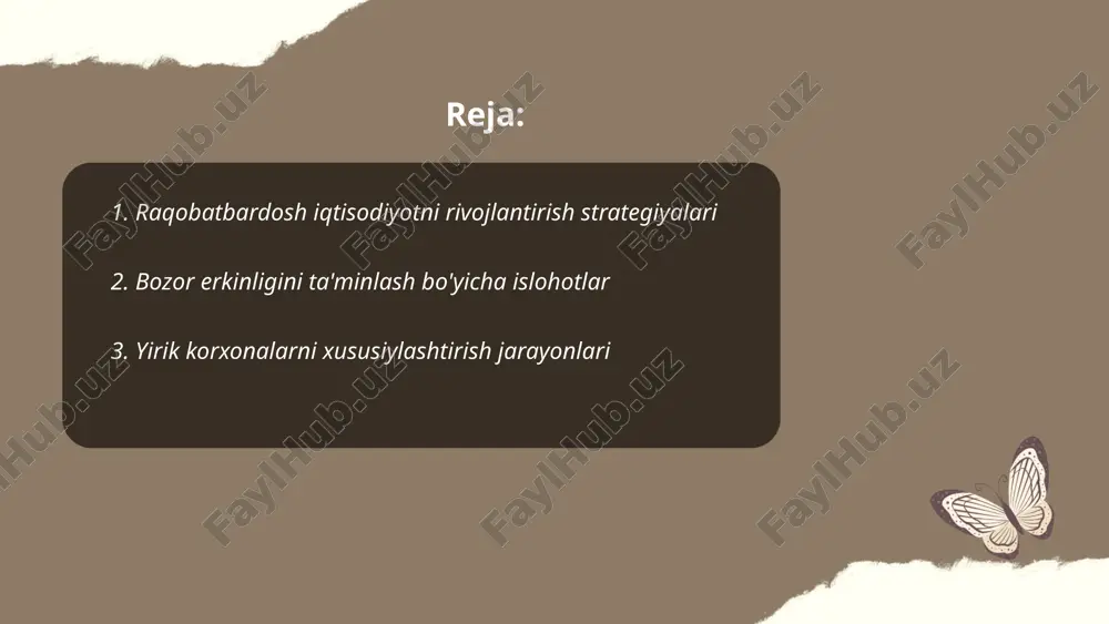 tirish jarayonlari o'zbekistonda iqtisodiyotni liberallashtirish va bozor infratuzilmasini mustahkamlash maqsadida amalga oshirilmoqda. 1991 yildan boshlab, 200 dan ortiq davlat mulki korxonalari xususiylashtirildi. 2019 yilda prezidentimizning farmoni bilan, 2022 yilgacha 100 dan ortiq yirik korxonalarni xususiylashtirish rejasi ishlab chiqildi. xususiylashtirishda, davlat ulushini kamaytirib, xususiy sektorning ulushini oshirish maqsad qilib qo'yilgan. 2020 yilda o'zbekistonda 20 ta yirik korxona investorlarga sotildi. ushbu jarayonlar davlat byudjetiga qo'shimcha 2 trillion so'mdan ziyod mablag' kiritishga yordam berdi. xususiy investorlar, asosan, sanoat va energetika sohalariga qiziqish bildirmoqda. ... t.me/slaydai_bot 4. kichik va o'rta biznesni qo'llab-quvvatlash dasturlari kichik va o'rta biznesni qo'llab-quvvatlash dasturlari o'zbekistonda iqtisodiy o'sishni rag'batlantirish va bandlikni oshirishga qaratilgan. statistik ma'lumotlarga ko'ra, o'zbekistonda kichik va o'rta korxonalar (koklar) yalpi ichki mahsulotning 50% dan ortig'ini tashkil etadi va bandlikning 70% ini ta'minlaydi. davlat tomonidan qo'llab-quvvatlash dasturlari doirasida, 2022-yilda 16 mingdan ortiq korxonaga moliyaviy yordam taqdim etildi. ushbu dasturlar doirasida 2,5 trillion so'm miqdorida imtiyozli kreditlar ajratilgan. tadbirkorlar …