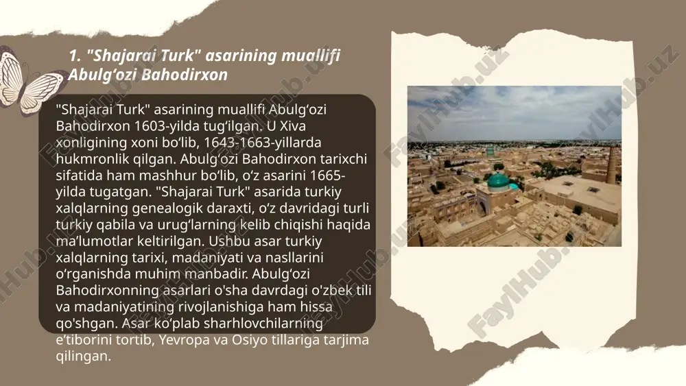 ga mansub edi. abulgʻozi mashhur tarixnavis sifatida tanilgan va "shohnoma" asari bilan mashhurdir. uning eng muhim ijodiy yutug‘i "shajarai turk" va "shajarai tarokima" asarlaridir, bu kitoblar turkiy xalqlarning tarixini yozib qoldirishda muhim manba hisoblanadi. bahodirxon xiva xonligida ma’rifat va ilmni rivojlantirishga qaratilgan islohotlar amalga oshirgan. uning davrida madaniyat va san’at rivojlandi, turli fanlar bo‘yicha mualliflar o‘z asarlarini yaratdilar. ... t.me/slaydai_bot 4. "shajarai turk" asarining tarkibi va tuzilishi "shajarai turk" asari abu'l-g'ozi bahodirxon tomonidan yozilgan va xvii asrda yaratilgan. ushbu asar turkiy xalqlar tarixiga oid muhim manbalardan biridir. kitob asosan turkiy qabilalar va ular boshliqlarining nasabnomalarini o'z ichiga oladi. asar ikki qismdan iborat: birinchi qismi turkiy xalqlarning kelib chiqishi va qadimgi davrlar tarixi haqida, ikkinchi qismi esa abu'l-g'ozi bahodirxonning o'z davriga yaqin tarixiy hodisalarni yoritadi. asarda 24 ta boshli qabila va ularning nasablari haqida ma'lumot berilgan. bu manba ko'plab tarixchilar uchun turkiylarning ildizlari va ularning yozma tarixiga oid muhim axborot manbai …