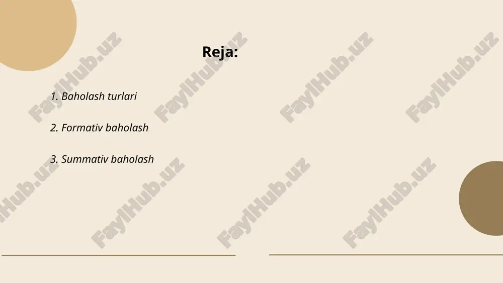 yta aloqa berish orqali ularga yordam ko'rsatiladi. formativ baholashda testlar, savol-javoblar, muhokamalar va loyihalar qo'llaniladi. bu baholash turi o'quvchilarning kuchli va zaif tomonlarini aniqlash, o'quv jarayonini moslashtirish va ta'lim samaradorligini oshirishga xizmat qiladi. o'quvchilarning muvaffaqiyati 15-30% ga oshishi mumkin. shu bilan birga, formativ baholash motivatsiya darajasini ham yaxshilaydi. ... t.me/slaydai_bot summativ baholash uzbekistan ta'lim tizimida o'quvchilarning bilim va ko'nikmalarini baholash usullaridan biridir. bu baholash o'quv yili davomida turli fanlar bo'yicha o'quv dasturlarida belgilangan maqsad va vazifalarning nechog'lik amalga oshirilganligini o'lchaydi. odatda, summativ baholash chorak oxirida yoki o'quv yilining oxirida o'tkaziladi. baholash shakllari testlar, yozma ishlar, loyihalar va amaliy ishlarni o'z ichiga olishi mumkin. baholash natijalari o'quvchilarni keyingi bosqichga o'tish yoki yakuniy baholarni belgilashda ishlatiladi. summativ baholash tizimi samaradorligi uchun doimiy ravishda tahlil qilinib, yaxshilanishlar kiritilishi maqsad qilingan. ... t.me/slaydai_bot 4. test savollari 4. test savollari mavzusida bilim olish uchun quyidagi muhim aspektlarga e'tibor qaratish mumkin: test savollari ko'pincha tanlanadigan javoblardan …