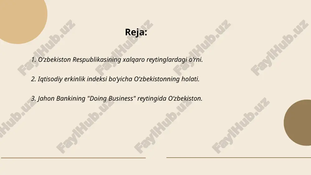 bankining "doing business" reytingida 69-o‘rinni egalladi. o‘zbekistonning bu reytingdagi umumiy ballari 69,9 ni tashkil etdi. "qarorlar qabul qilish qulayligi" bo‘yicha o‘zbekiston 8-o‘rinda, "elektr ta'minoti" bo‘yicha esa 26-o‘rinda turadi. "xalqaro savdo" bo‘yicha esa 152-o‘rinni egallagan. yoyish muddatlari yechish bo'yicha o‘zbekiston 39-o‘rinda joylashgan. o‘zbekiston so‘nggi yillarda islohotlarni amalga oshirib, o‘z pozitsiyasini yaxshilashga harakat qildi. bu reytingda umumiy 190 ta mamlakat baholangan. ... t.me/slaydai_bot 4. korrupsiyaga qarshi kurash: o‘zbekistonning o‘rni. o‘zbekiston korrupsiyaga qarshi kurashda so‘nggi yillarda bir qator islohotlarni amalga oshirdi. 2020-yilda korrupsiyaga qarshi kurashish agentligi tashkil etildi. transparency international ma’lumotlariga ko‘ra, o‘zbekiston 2022-yilda korrupsiya sezilarli indeksida 180 davlat orasida 140-o‘rinni egalladi. 2017-yilga nisbatan o‘zbekistonning balli 26 dan 31 gacha ko‘tarildi. davlat organlarida ochiqlik va shaffoflikni oshirish maqsadida elektron hukumat tizimlari rivojlantirildi. 2021-yilda "davlat xizmati to‘g‘risida"gi qonun qabul qilindi, bu korrupsiyani kamaytirishga qaratilgan qadam sifatida ko‘riladi. maqsad – davlat boshqaruvida halollikni ta’minlash va fuqarolarga xizmat ko‘rsatish sifatini oshirish. ... t.me/slaydai_bot 5. inson kapitali …