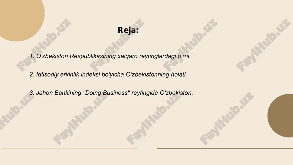 on bankining "doing business" reytingida 69-o‘rinni egalladi. o‘zbekistonning bu reytingdagi umumiy ballari 69,9 ni tashkil etdi. "qarorlar qabul qilish qulayligi" bo‘yicha o‘zbekiston 8- o‘rinda, "elektr ta'minoti" bo‘yicha esa 26-o‘rinda turadi. "xalqaro savdo" bo‘yicha esa 152-o‘rinni egallagan. yoyish muddatlari yechish bo'yicha o‘zbekiston 39- o‘rinda joylashgan. o‘zbekiston so‘nggi yillarda islohotlarni amalga oshirib, o‘z pozitsiyasini yaxshilashga harakat qildi. bu reytingda umumiy 190 ta mamlakat baholangan. ... t.me/slaydai_bot 4. korrupsiyaga qarshi kurash: o‘zbekistonning o‘rni. o‘zbekiston korrupsiyaga qarshi kurashda so‘nggi yillarda bir qator islohotlarni amalga oshirdi. 2020-yilda korrupsiyaga qarshi kurashish agentligi tashkil etildi. transparency international ma’lumotlariga ko‘ra, o‘zbekiston 2022-yilda korrupsiya sezilarli indeksida 180 davlat orasida 140-o‘rinni egalladi. 2017-yilga nisbatan o‘zbekistonning balli 26 dan 31 gacha ko‘tarildi. davlat organlarida ochiqlik va shaffoflikni oshirish maqsadida elektron hukumat tizimlari rivojlantirildi. 2021-yilda "davlat xizmati to‘g‘risida"gi qonun qabul qilindi, bu korrupsiyani kamaytirishga qaratilgan qadam sifatida ko‘riladi. maqsad – davlat boshqaruvida halollikni ta’minlash va fuqarolarga xizmat ko‘rsatish sifatini oshirish. ... t.me/slaydai_bot …