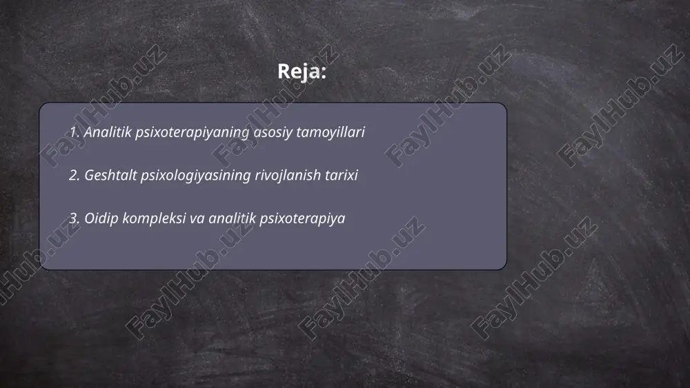analitik psixoterapiya yo'nalishida o'rganiladi. bu kompleks avvaliga sigmund freyd tomonidan ta'riflangan va u o'g'il bolalarda onaga qaratilgan jinsiy va otaga qaratilgan raqobat hissi bilan bog'liq deb hisoblanadi. analitik psixoterapiya, ayniqsa karl jung tomonidan turli xil nazariyalar yordamida, bu kompleksni chuqur tahlil qilib, shaxsning xulq-atvoriga va rivojlanishiga qanday ta'sir qilishini o'rganadi. terapiya jarayonida bemor o'zining o'tmishdagi tajribalari va hozirgi kunidagi munosabatlari o'rtasidagi bog'liqlikni tushunib yetishga intiladi, bu esa ularning shaxsiy rivojlanishiga yordam beradi. ... t.me/slaydai_bot 4. geshtalt psixologiyasida idrok jarayoni gestalt psixologiyasi idrok jarayonini inson miyasining butunlikni qabul qilish qobiliyati sifatida o'rganadi. bu nazariya xix asr oxiri va xx asr boshlarida rivojlangan bo'lib, max wertheimer, kurt koffka va wolfgang köhler asos solgan. gestalt psixologiyasida idrok jarayoni bir nechta tamoyillarga asoslanadi: yaqinlik (proximity), o'xshashlik (similarity), uzluksizlik (continuity) va yopishqoqlik (closure). masalan, yaqinlik tamoyili insonlar bir-biriga yaqin joylashgan elementlarni bir butun sifatida qabul qilishlariga olib keladi. gestalt psixologiyasi inson qanday qilib atrofdagi obyektlarni …