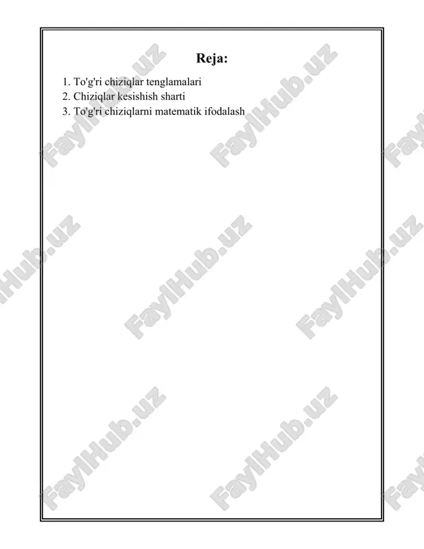 ametrik shaklda ifodalash mumkin, ya'ni birinchi darajali parametrlar orqali har qanday nuqta topilishi mumkin. bu shakl geometrik dolzarb masalalarni yechishda juda osonliklar taqdim etishi mumkin. muammolari yoki masala bor bo'lsa tenglamalarni grafik qilish orqali to'g'ri chiziqning qayerdan o'tayotganligini, uning bir-biriga nisbatan qanday turishini va joylashuvidagi tafsilotlarini ko'rish mumkin. grafik holda esa, to'g'ri chiziq har doim to'g'ri bo'ladi va cheksizlikka cho'ziladi. bundan tashqari, to'g'ri chiziq nuqtasiga eng qisqa masofani topish uchun normal tenglama ishlatiladi. to'g'ri chiziqlar tenglamalari har qanday muhandislik, fizika, iqtisodiyot yoki statistik uchun muhim vosita hisoblanadi va ko'pchilik nazariy va amaliy masalalarni yechishda ishlatiladi. to'g'ri chiziqlar turli shakllarda prezentatsiyalangan bo'lishi mumkin, lekin ular tahlil qilishda bosh prinsiplar o'zgarmaydi. har bir tenglama turli vazifalarga qarab ishlatilishi mumkin va geometriyaning murakkab omillarini tushunishga yordam beradi. yuqoridagi barcha ma'lumotlar, to'g'ri chiziq tenglamalarini keng qamrovda va deep o'rganish, ular orqali ko'pchilik matematik va real dunyo muammolarini echish yo'llarini topishga yordam beradi. 2. chiziqlar …