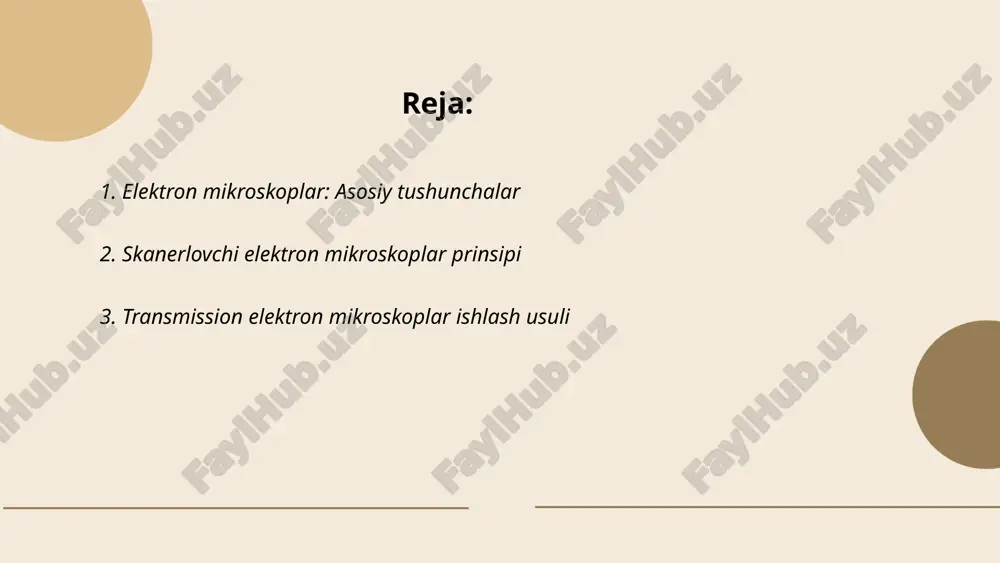 trgacha o'lchamlarni ko'rish qobiliyatiga ega. ... t.me/slaydai_bot transmission elektron mikroskoplari (tem) juda yuqori kattalashtirish darajasiga ega bo‘lib, ular elektronlar nuri orqali tasvir hosil qiladi. tem yordamida atom darajasidagi detalni ko‘rish mumkin, ya'ni 0,1 nanometrgacha bo‘lgan detallarni ajratish imkoni bor. ushbu mikroskoplarda vakuum muhit talab qilinadi va namunalar juda yupqa qavatda tayyorlanishi kerak. elektronlar 100-300 kev energiya diapazonida tezlashtirilgan bo'lib, ular materialdan o'tishda turli o'zaro ta'sirlar orqali tasvir hosil qiladi. tem nafaqat tasvir olish, balki materialning struktura va tarkibini ham o‘rganishga imkon beradi. ... t.me/slaydai_bot 4. biologik namunalarda elektron mikroskoplarning o‘rni elektron mikroskoplar biologik namunalarda yuqori aniqlikni ta'minlab, hujayra tuzilishini va molekulyar darajadagi jarayonlarni tadqiq qilishda muhim o‘rin tutadi. oddiy optik mikroskoplarga qaraganda elektron mikroskoplar ancha yuqori bo‘lgan 0,1 nanometrgacha aniqlikni taqdim etadi. ular orqali hujayra membranalari, organellalar va dnk kabi tuzilmalarni chuqur o‘rganish mumkin bo‘ladi. biologik tadqiqotlarda, boshqacha ko‘rish imkoniyati taqdim etilgani sababli, ko‘pincha scanning electron microscopy (sem) va transmission …