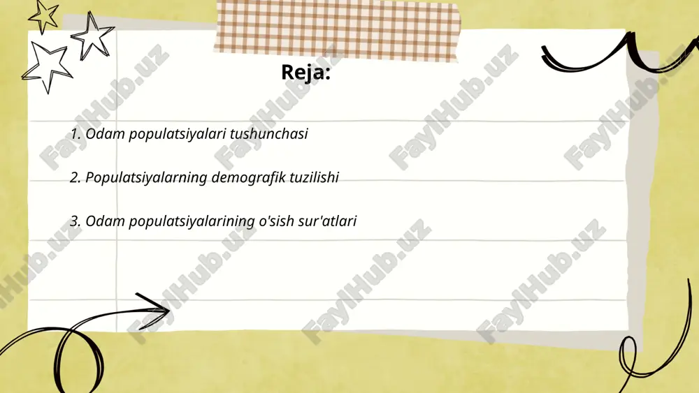 tsiya darajasi 2023 yilda taxminan 50% ga yetgan. ushbu demografik ma'lumotlar rivojlanish rejalari, mehnat bozori va pensiya tizimlarini shakllantirishda muhim ahamiyatga ega. ... t.me/slaydai_bot odam populyatsiyasining o‘sish sur’atlari global darajada o‘zgacha sur’atlarda kuzatilmoqda. jahon aholisi 2021 yilda 7,8 milliardga yetdi, 2050 yilga borib esa 9,7 milliardga yetishi kutilmoqda. 1960-yillarda aholi o'sish sur'ati 2,2% ni tashkil etgan bo'lsa, 2020-yillarga kelib bu raqam 1,05% ga tushdi. eng yuqori o‘sish sur’atlari afrika qit’asida, ayniqsa, sahro-quyi afrikada kuzatilib, bu erda aholi yillik o‘sish sur’ati taxminan 2,5% ni tashkil etadi. hindiston 2023-yilda dunyodagi eng ko‘p aholiga ega davlat sifatida xitoyni ortda qoldirmoqda, aholisi qariyb 1,4 milliardni tashkil etadi. bunga, asosan, tug‘ilish ko‘rsatkichlari va turmush darajasi ta’sir ko‘rsatmoqda. ... t.me/slaydai_bot 4. genetik izolyantlar genetik izolyantlar genetik ma'lumotni muayyan organizmlarda saqlash va ifodalash uchun muhimdir. ular genlar va boshqa genetik elementlar o'rtasidagi o'zaro ta'sirlarni cheklab, turli populyatsiyalar yoki organizmlar orasida gen oqimini to'sib qo'yadi. shuningdek, genetik izolyatsiya …