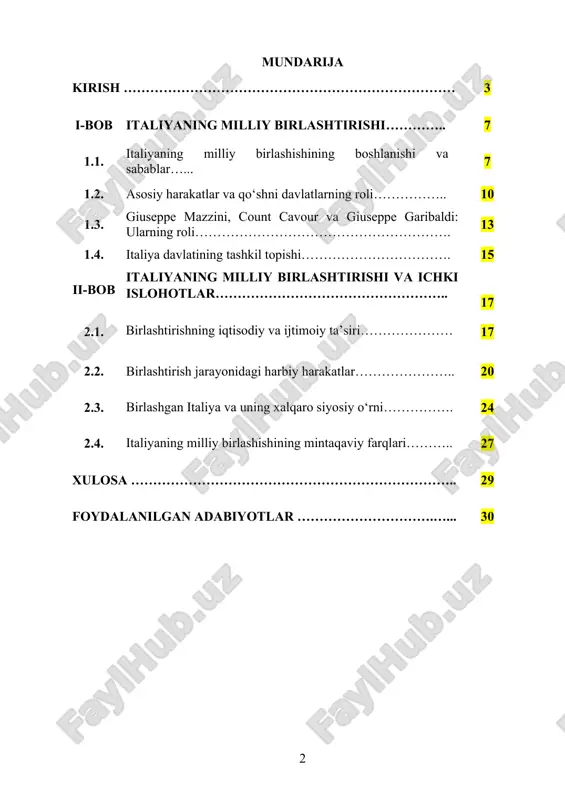 lohotlar, yangi siyosiy tizim va iqtisodiy yuksalish jarayonlarining boshida turgan shaxslar va liderlarning roli bilan bog‘liq masalalarni chuqur tahlil qilish imkonini beradi. kurs ishining maqsadi: kurs ishining maqsadi italiyaning milliy birlashishining tarixiy jarayonini tahlil qilish, uning sabablarini va asosiy bosqichlarini o‘rganish, birlashish jarayonida muhim rol o‘ynagan shaxslar va harakatlarni aniqlashdan iboratdir. shuningdek, italiyaning milliy birlashishining ijtimoiy, iqtisodiy va siyosiy ta’sirini tahlil qilish, bu jarayonning avropadagi boshqa milliy birlashishlarga ta’sirini o‘rganish hamda birlashgan italiya davlati uchun yuzaga kelgan yangi siyosiy tizim va ijtimoiy shakllarni ko‘rib chiqish ham muhimdir. kurs ishining maqsadi shuningdek, italiyaning milliy birlashishining o‘rni va uning xalqaro siyosatdagi ahamiyatini tushunishga yordam berish, birlashgan italiya davlatining taraqqiyotiga olib kelgan islohotlarni o‘rganish va o‘shandagi ijtimoiy va siyosiy o‘zgarishlarni tahlil qilishdir. kurs ishining vazifalari: italiyaning milliy birlashish jarayonini tarixiy jihatdan tahlil qilish milliy birlashuvga olib kelgan ichki va tashqi omillarni aniqlash milliy harakatning asosiy yetakchilari (mazzini, garibaldi, kavur) va ularning faoliyatini o‘rganish …