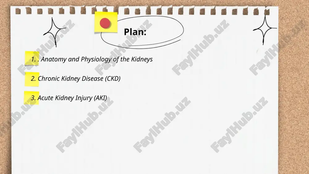 seases, and certain genetic conditions. symptoms often include hematuria (blood in urine), proteinuria (excess protein in urine), edema, and hypertension. diagnosis typically involves urine tests, blood tests, and sometimes a kidney biopsy. treatment depends on the underlying cause and may involve antibiotics, immunosuppressants, or blood pressure medications. chronic cases might require dialysis or kidney transplantation. early detection and treatment are crucial to prevent irreversible kidney damage. kidney abdug'aniyeva umidaxon thank you for your attention! image1.jpg image2.png image3.jpg image4.jpg image5.jpg image6.jpg image7.jpg image8.jpg