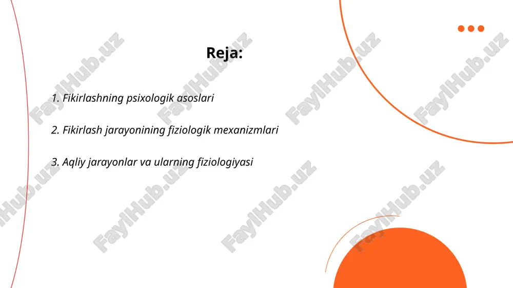 idrok, tafakkur, xotira, e’tibor va xayol kabi jarayonlarni o‘z ichiga oladi. ushbu jarayonlar miyaning turli qismlarida amalga oshadi. masalan, xotira hipokampus bilan bog‘liq, idrok esa ko‘rish, eshitish va boshqa sezgi markazlarida sodir bo‘ladi. miyadagi turli neyronlar orasidagi elektr signallari va kimyoviy o'tkazuvchilar orqali axborot almashinadi. bu jarayonlar markaziy asab tizimining fiziologik faoliyati bilan bevosita bog‘liq bo‘lib, ular neyrotransmitterlar, masalan, dopamin va serotonin ishtirokida amalga oshadi. ... t.me/slaydai_bot 4. mantiqiy fikrlashning psixik xususiyatlari mantiqiy fikrlash psixik xususiyatlari insonning analitik qobiliyatlarini o'rganish va mustahkamlashga asoslanadi. ushbu tur fikrlashda tafakkur jarayoni aniqlik va izchillikka intiladi. bu jarayon mantiqiy xulosalar chiqarish, dalillarni tekshirish va qaror qabul qilish qobiliyatlarini o'z ichiga oladi. mantiqiy fikrlashning rivojlanishi erta bolalikdan boshlanib, yoshlik davrida kuchli o'sish bosqichiga kiradi. psixologlar tomonidan qayd etilganidek, bu turdagi fikrlash muammolarni samarali hal qilish va bilimlarni ongli ravishda o'zlashtirishda katta rol o'ynaydi. inson zehnining bu jihati qiyosiy tahlil va abstrakt tafakkurni o'z ichiga oladi …