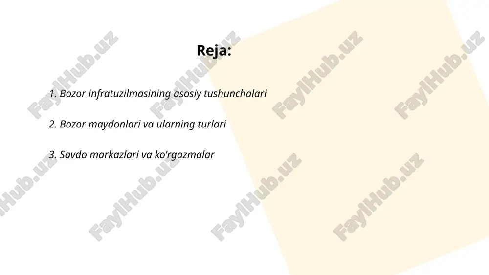 turli sohalardagi yutuqlarni namoyish qilish uchun mo'ljallangan. 2022-yilda toshkentda o'tkazilgan xalqaro ko'rgazmalar soni 50 dan ortiq bo'lib, ularda mingdan ziyod kompaniyalar o'z mahsulot va xizmatlarini taqdim etdi. bunday tadbirlar iqtisodiy sherikliklarni kuchaytirishga va milliy mahsulotlarni eksport qilishga katta yordam beradi. ko'rgazmalar savdo aylanmasini oshiradi va turizm sohasi uchun ham foydali hisoblanadi. ... t.me/slaydai_bot 4. transport va logistika tarmoqlari transport va logistika tarmoqlari o‘zbekiston iqtisodiyotining muhim qismi hisoblanadi. mamlakat 2023 yilda umumiy transport infratuzilmasini rivojlantirishga 2 milliard aqsh dollari ajratishni rejalashtirgan. o‘zbekiston temiryo‘llari tizimi 4700 km dan ziyod masofani qamrab oladi va har yili taxminan 70 million tonna yuk tashiydi. aviatsiya sohasida toshkent xalqaro aeroporti yiliga 6 milliondan ziyod yo‘lovchiga xizmat ko‘rsatadi. avtomobil transporti vositalari orqali yillik yuk tashish hajmi 1 milliard tonnadan ortiqdir. logistika xizmati va omborlar infratuzilmasi oxirgi yillarda sezilarli darajada rivojlangan, bu esa mamlakatning xalqaro savdo jarayonlarida ishtirokini kengaytirishga yordam bermoqda. ... t.me/slaydai_bot omborxona va saqlash infratuzilmasi samarali …