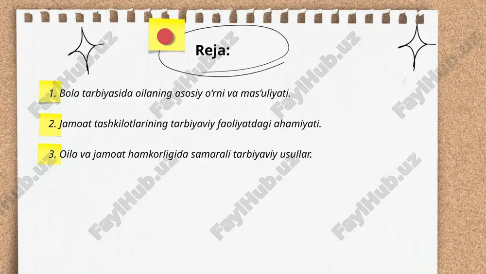di. shuningdek, o‘zgalar bilan muomala qilishni, rahm-shafqatni, sabr-toqatni o‘rgatish ham oila mas'uliyatidir. ota-onalar bolaga yaxshi va yomonni, to‘g‘ri va noto‘g‘rini ajratishni o‘rgatishlari kerak. bolalar ota-ona tomonidan qo‘yilgan chegaralar va qoidalar asosida o‘z xulq-atvorini shakllantiradilar. ... t.me/slaydai_bot ota-onalar, shuningdek, bola uchun yaxshi ta'lim olishni ta'minlashda ham katta mas'uliyatni o‘z zimmalariga oladilar. bola o‘zining ichki dunyosini rivojlantirish uchun, yaxshi bilim olish uchun oilaning qo‘llab-quvvatlashi zarur. bu faqat o‘qish yoki maktabga borishdan iborat emas, balki hayotdagi turli vaziyatlarda to‘g‘ri qaror qabul qilishni o‘rganishdir. oila bolaga o‘zining kelajagini qurish uchun zarur bo‘lgan ishonchni va kuchni beradi. ota-onalar, shuningdek, bolaga o‘zining mehnatga bo‘lgan yondashuvini shakllantirishda ham muhim rol o‘ynaydilar. ular bolaga mehnat qilishning ahamiyatini, orzulariga erishish uchun qanchalik kuchli bo‘lish kerakligini o‘rgatishlari lozim. shunday qilib, oila tarbiyasining asosi sifatida farzandga yaxshi odatlarni o‘rgatish, ularni hurmat, mehr-oqibat va ijtimoiy mas'uliyat bilan to‘ldirish juda muhimdir. oila bolaga faqat hayotdagi asosiy qoidalarga emas, balki jamiyatda muvaffaqiyatli bo‘lish uchun …