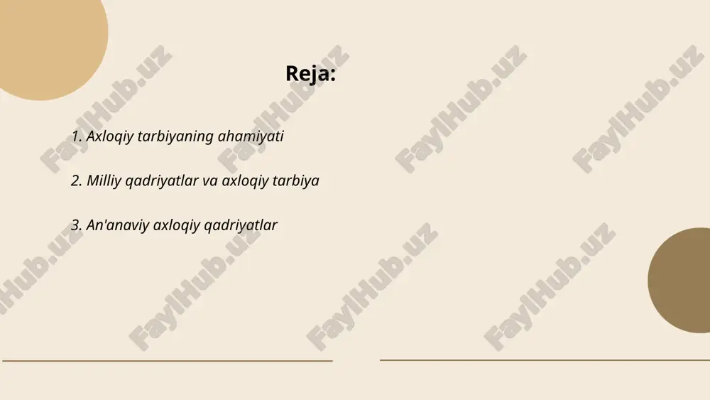 tamoyillarni o'z ichiga oladi. o'zbek jamiyatida axloqiy qadriyatlar o'zaro hurmat, ulug'lar e'zozi va qo'shnichilik munosabatlari bilan chambarchas bog'langan. 21-asrda, globalizatsiya va texnologik rivojlanish an'anaviy axloqiy qadriyatlarga yangi chaqiriqlarni keltirib chiqarmoqda, biroq ular hanuzgacha ko'plab oilalar va shaxslarning kundalik hayotida muhim ahamiyatga ega. shu bilan birga, bu qadriyatlar milliy o'zligimizni saqlab qolish uchun ham muhimdir. ... t.me/slaydai_bot 4. milliy madaniyat va axloqiy tarbiya milliy madaniyat va axloqiy tarbiya o‘zbekiston jamiyatida muhim ahamiyatga ega. ta'lim tizimida har yili minglab o‘quvchi va talabalarga o‘zbek tili, adabiyoti va tarixi asosida saboqlar beriladi. respublika bo‘ylab 2020 yilda 1000 dan ortiq madaniy tadbir o‘tkazildi, bu orqali yoshlar milliy urf-odatlarni o‘rganishdi. axloqiy tarbiya bo‘yicha 2021 yil davomida 500 dan ortiq seminar va trening tashkil etilgan. o‘zbek oilalarida bolalar uchun etik va axloqiy qoidalar yoshligidan o‘rgatiladi. unesco ma’lumotlariga ko‘ra, 70% dan ortiq bolalar milliy madaniyat va an’analar asosida uyda tarbiya oladi. ... t.me/slaydai_bot oilada axloqiy tarbiya bolalarga to'g'ri …