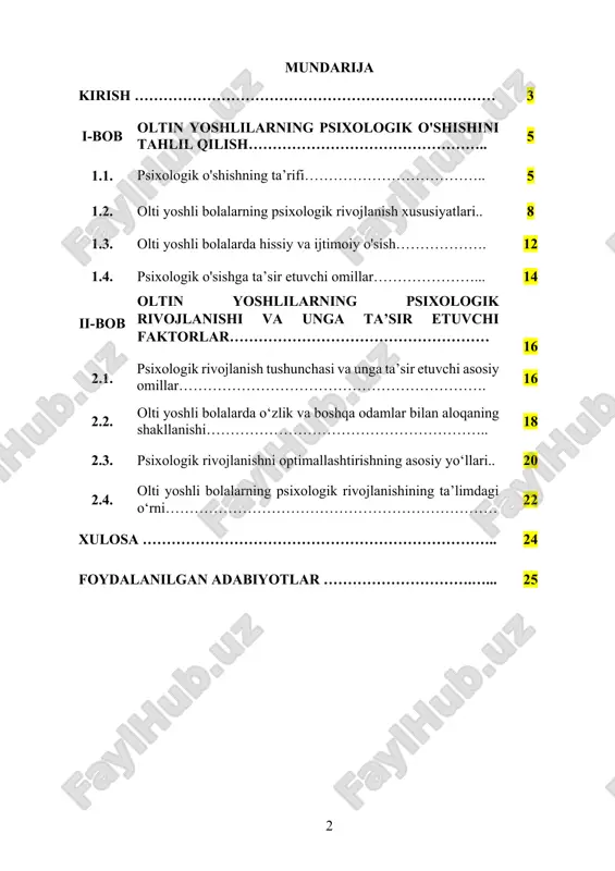 ning roli beqiyosdir. shu sababli, olti yoshli bolalarning o‘ziga xos xususiyatlarini chuqur tahlil qilish, ularning kelgusi hayotdagi muvaffaqiyatlari uchun mustahkam asos yaratadi. tadqiqotning asosiy maqsadi — olti yoshli bolalarning psixologik o‘sishini, bu jarayonda yuzaga keladigan qiyinchiliklarni va ularni yengish yo‘llarini aniqlashdir. shu bilan birga, psixologik rivojlanishni optimallashtirishda pedagogik va psixologik yondashuvlarning ahamiyati ko‘rsatib o‘tiladi. mazkur tadqiqotning asosiy maqsadi – olti yoshli bolalarning psixologik rivojlanish xususiyatlarini chuqur tahlil qilish, bu jarayonda yuzaga kelishi mumkin bo‘lgan qiyinchiliklarni aniqlash va ularni bartaraf etishning samarali yo‘llarini taklif qilishdan iborat. ushbu mavzu bo‘yicha olib borilgan tadqiqotlar nafaqat psixologiya va pedagogika sohasidagi bilimlarni boyitadi, balki bolalarning sog‘lom va har tomonlama rivojlangan shaxs sifatida shakllanishiga ko‘mak beradi. olti yoshli bolalarning psixologik o‘sishi ko‘p qirrali jarayon bo‘lib, u bola hayotidagi turli sohalarni qamrab oladi. hissiy rivojlanish bolaning o‘z his-tuyg‘ularini anglash va ifodalash qobiliyatini shakllantirsa, ijtimoiy rivojlanish boshqalar bilan munosabatlarni barpo etishda muhim rol o‘ynaydi. shu bilan birga, kognitiv …