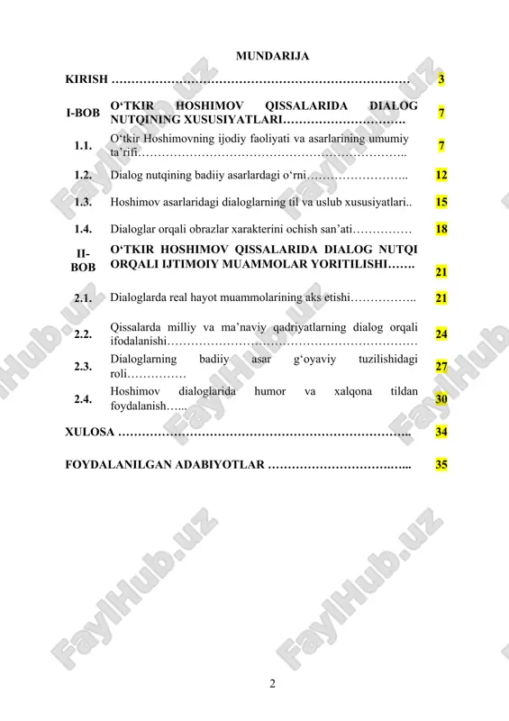 so‘zlar, iboralar va suhbatlar xalqning kundalik turmushidagi tabiiyligini o‘zida aks ettiradi. oʻtkir hoshimov qissalarida dialoglar faqatgina voqealar rivojini ko‘rsatib bermaydi, balki o‘quvchini o‘ziga xos falsafiy fikrlashga, insoniy qadriyatlar ustida mulohaza yuritishga da’vat etadi. bu esa yozuvchining ijodiy uslubi va mahoratini namoyish etadi. shuningdek, dialoglar orqali qahramonlarning turli xil ijtimoiy qatlamlarga mansubligi, ularning dunyoqarashi va hayotiy tajribasi aniqlik bilan tasvirlanadi. mavzuning dolzarbligi shundaki, dialog nutqining badiiy asarlardagi roli zamonaviy adabiy jarayonda ham o‘z ahamiyatini yo‘qotmagan. oʻtkir hoshimov qissalarida uchraydigan samimiy, chuqur ma’noli va hayotiy suhbatlar hozirgi davr o‘quvchisi uchun ham qimmatli. bu asarlar o‘zbek tilining boyligi, ifodaviy imkoniyatlari va ma’naviy teranligini anglashda beqiyos manba boʻlib xizmat qiladi. shu bilan birga, dialoglarning o‘rganilishi nafaqat adabiyotshunoslik, balki tilshunoslik nuqtai nazaridan ham ahamiyatlidir. hoshimov qissalaridagi nutq shakllari milliy adabiyotimizda dialogning o‘ziga xos badiiy vosita sifatidagi ahamiyatini ko‘rsatadi va uni tahlil qilish orqali zamonaviy yozuvchilar uchun yangi ijodiy imkoniyatlar ochiladi. kurs ishining maqsadi: oʻtkir hoshimov …