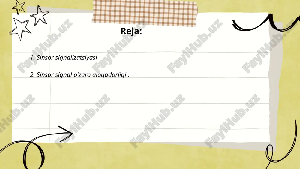 roratiga adaptatsiya qilib, u maxsus javoblarni beradi. koordinatsiya va javob qaytarish: organizm tashqi omillarga tez va to'g'ri javob berish uchun sensor signallarni ishlatadi. bu, masalan, mushtni ko'rish yoki og'riq signalini qabul qilish bilan bog'liq bo'lishi mumkin umuman olganda, sinsor signal o'rganish inson organizmida tezkor va samarali javoblarni shakllantirishga yordam beradi, bu esa hayotiy faoliyatni qo'llab-quvvatlaydi. ... t.me/slaydai_bot 2 sinsor signal o'zaro aloqadorligi. sinsor signal o'zaro aloqadorligi inson organizmida ma'lumotlarni uzatish va qayta ishlashda muhim rol o'ynaydi. sinsorlar asab tizimi va boshqa fiziologik tizimlar orqali tashqi va ichki muhitdan kelayotgan ma'lumotlarni qabul qiladi, ularga javob beradi va mos ravishda javob harakatlarini amalga oshiradi. ... t.me/slaydai_bot ma'lumotni qabul qilish: sinsorlar organizmga tashqi (masalan, yorug'lik, ovoz, issiqlik) va ichki (masalan, mushaklarning holati, qon bosimi) o'zgarishlar haqida ma'lumot beradi. ma'lumotlarni uzatish: sinsorlar orqali to'plangan ma'lumot asab tizimi orqali miya va markaziy nerv tizimiga yuboriladi. .tahlil qilish va talqin qilish: miya ushbu ma'lumotlarni tahlil qiladi …