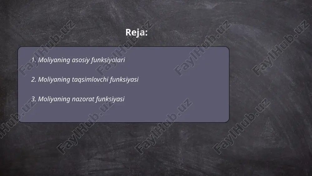 o'z ichiga oladi. bu funksiya byudjet ijrosi, moliyaviy hisobotlar va soliqlar bilan bog'liq tarzda amalga oshiriladi. nazorat funksiyasi tashkilot uchun samarali va tejamkor faoliyat olib borish hamda iqtisodiy o'sishni ta'minlash vazifasini bajaradi. masalan, davlat darajasida moliyaviy nazorat agentliklari har yili minglab auditlar va tekshiruvlar o'tkazadi. bular orqali milliardlab so'm mablag'larning to'g'ri sarflanishi ta'minlanadi. shuningdek, tashkilotlarning ichki nazorat tizimlari foyda ortishi va harajatlar kamayishini kuzatadi. moliyaning nazorat funksiyasi samaradorlikni ta'minlash va ishonchni kuchaytirishga xizmat qiladi. ... t.me/slaydai_bot 4. moliyaning rag'batlantiruvchi funksiyasi moliyaning rag'batlantiruvchi funksiyasi iqtisodiyotda o'sishni rag'batlantirish maqsadida davlat va xususiy sektor tomonidan qo'llaniladigan choralarni o'z ichiga oladi. ushbu funksiyaning maqsadi moliyaviy resurslarni samarali taqsimlash va investitsiyalarni jalb qilishdir. rag'batlantiruvchi siyosatlar orasida soliq imtiyozlari, subsidiyalar, foiz stavkalarini pasaytirish va davlat xarajatlarini oshirish kiradi. jahon bankining ma'lumotlariga ko'ra, rag'batlantiruvchi siyosatlar amalga oshirilgan davlatlarda iqtisodiy o'sish sur'ati ko'pincha oshadi. masalan, 2008 yildagi global moliyaviy inqirozdan keyin, ko'plab davlatlar monetar va fiskal choralari orqali …