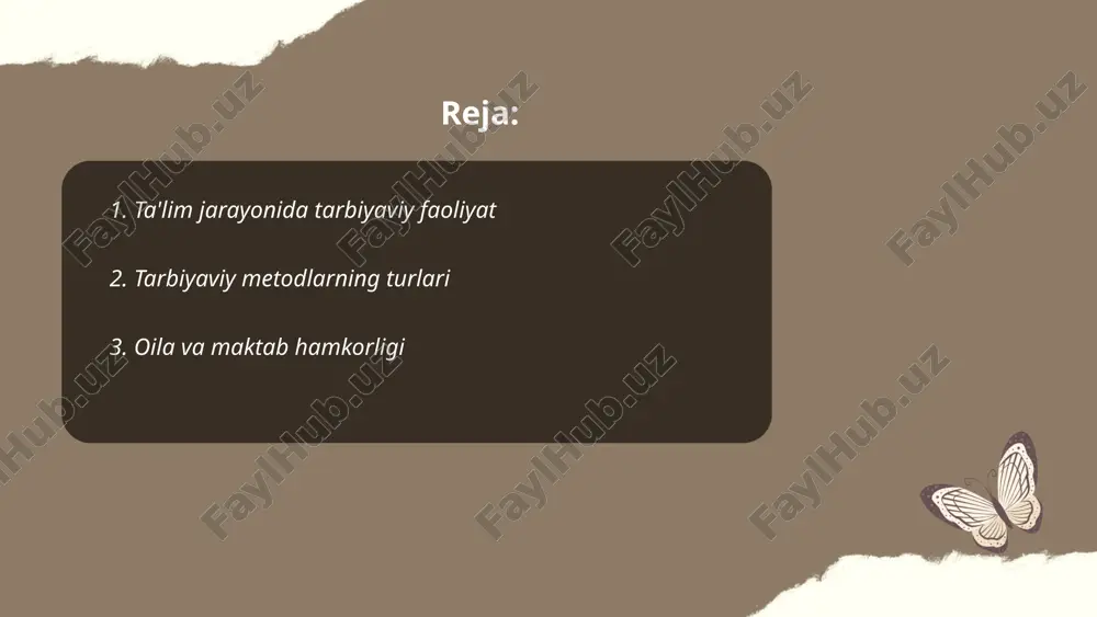 i zamonaviy tarbiya metodlari bolalarning har tomonlama rivojlanishini qo'llab-quvvatlashga qaratilgan. bu usullar orasida klasterli o'qitish, masofaviy ta'lim, interaktiv o'yinlar va raqamli texnologiyalarni qo'llash mavjud. xorijda o'quvchilarning kreativligini oshirish uchun 50% dan ortiq darslar amaliy shaklda o'tkaziladi. shu bilan birga, lingvistik va matematik qobiliyatlarni rivojlantirish uchun maxsus dasturlar joriy etilgan. o'zbekistonda "ta'lim to'g'risida"gi qonunning yangi tahriri ham zamonaviy usullarni o'z ichiga olgan. shu bilan birga, ota-onalar uchun 70% dan ortiq maktablarda trening dasturlari amalga oshirilmoqda. ... t.me/slaydai_bot axloqiy tarbiya usullari bolalarning axloqiy qarashlari va xulq-atvorini shakllantirishda qo'llaniladi. o'quvchilarni insonparvarlik, adolat va halollik kabi qadriyatlarga o'rgatish maqsadida turli amaliyotlar joriy etiladi. ko'rgazmali usullar orqali axloqiy fazilatlarni ko'rsatish, muhokama va bahs orqali tahlil qilish, hikoyalar orqali ta'sirchanlik berish asosiy usullardir. rol o'ynash texnikasi va guruhli muhokamalar bolalarga mustaqil fikrlash va xulqni yaxshilash imkonini beradi. ota-onalar bilan hamkorlikda ish olib borish orqali uydagi tarbiyani mustahkamlash ham zarur. ushbu usullar bolalarning ijtimoiy mas'uliyatini orttirishga yordam …