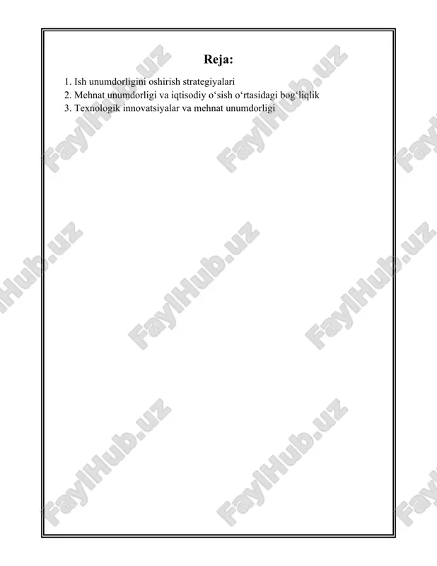 larga erishish osonroq bo'ladi. jamoaviy ishda optimal muvofiqlashtirish natijasida ijobiy natijalar 20% gacha oshishi mumkin. 6. **motivatsiya va rag'batlantirish**: xodimlarni motivatsiya qilish uchun rag'batlantiruvchi tizimlar yaratish muhim. ilmiy tadqiqotlar ko'rsatishicha, yaxshi motivatsiyalangan xodimlar unumdorligini 12-15% ga oshira oladi. 7. **ish vaqtini boshqarish**: vaqtni samarali boshqarish ishni o'z vaqtida bajarishga yordam beradi. zamonaviy vaqt boshqarish usullari va dasturlaridan foydalanish ish unumdorligini 20-25% ga yaxshilashi mumkin. 8. **bog'lanish va kommunikatsiya**: effektiv kommunikatsiya ijobiy ish muhitini yaratishda asosiy omillardandir. ochiq va aniq bog'lanish tizimlari orqali ma'lumot almashish tezligi ortib, xatolar soni 30% gacha kamayishi mumkin. 9. **yangi ish uslublarini tatbiq qilish**: yangi ishlash uslublari va metodologiyalar, masalan, agile va scrum kabi yondashuvlar, yanada moslashuvchan va tezkor ishlash imkonini beradi. bu orqali jarayonlar samaradorligi 15-20% ga oshadi. ushbu strategiyalarni amalga tatbiq etish orqali ish unumdorligi yuqori darajaga ko'tarilishi mumkin. biroq, har bir tashkilot o'z ehtiyojlariga mos keladigan alohida uslub va yondashuvlarni ishlab chiqishi va …