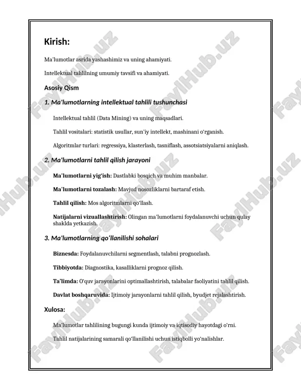 l qilish va o'zgaruvchan muhitlarda moslashuvchanlikni o'z ichiga oladi. 2. **o'rganish (machine learning – ml)**: o'rganish sun'iy intellektning bir turi bo'lib, unda kompyuter modellari ma'lumotlardan qandaydir naqshlar va bog'lanishlarni aniqlash orqali o'zlarining ishlashini yaxshilaydi. o'rganish usulida algoritmlar katta hajmli ma'lumotlar to'plamlarida mustaqil ravishda o'rganishadi. 3. **neytral tarmoq (neural network)**: neytral tarmoqlar sun'iy intellekt va o'rganishning muhim qismi bo'lib, ular inson miyasining ishlashiga taqlid qiladi. ushbu tarmoqlar ko'plab sun'iy neyronlardan tashkil topgan bo'lib, ular ma'lumotlarga o'rganish orqali turli vazifalarni bajaradi. 4. **chuqur o'rganish (deep learning)**: chuqur o'rganish bu ko'p qatlamli neytral tarmoqlarni qo'llab-quvvatlaydigan o'rganish metodi bo'lib, u juda murakkab vazifalarni, masalan, tasvir va nutq tanib olishni samarali tarzda bajara oladi. google, facebook kabi katta kompaniyalar chuqur o'rganishni faol qo'llashadi. 5. **tabiiy tilni qayta ishlash (natural language processing – nlp)**: tabiiy tilni qayta ishlash sun'iy intellektda inson va kompyuterlar o'rtasidagi aloqalarni osonlashtiruvchi texnologiya bo'lib, u foydalanuvchilarning so'zlarini va nutqi tushunish va generatsiya …